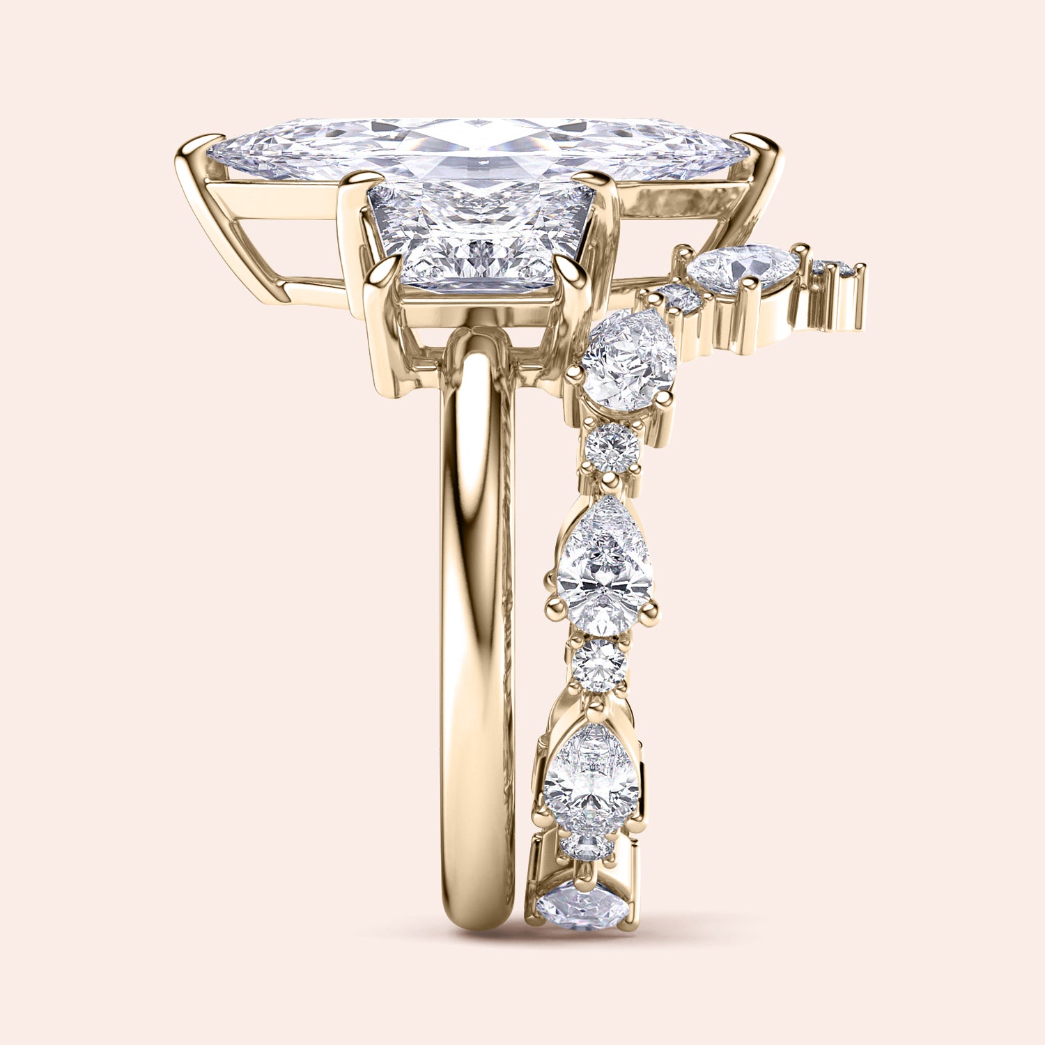 Radiant cut diamond engagement ring in 14K yellow gold with split-shank design and round diamond accents for a stunning look.|
#14KRecycledYellowGold
#18KRecycledYellowGold