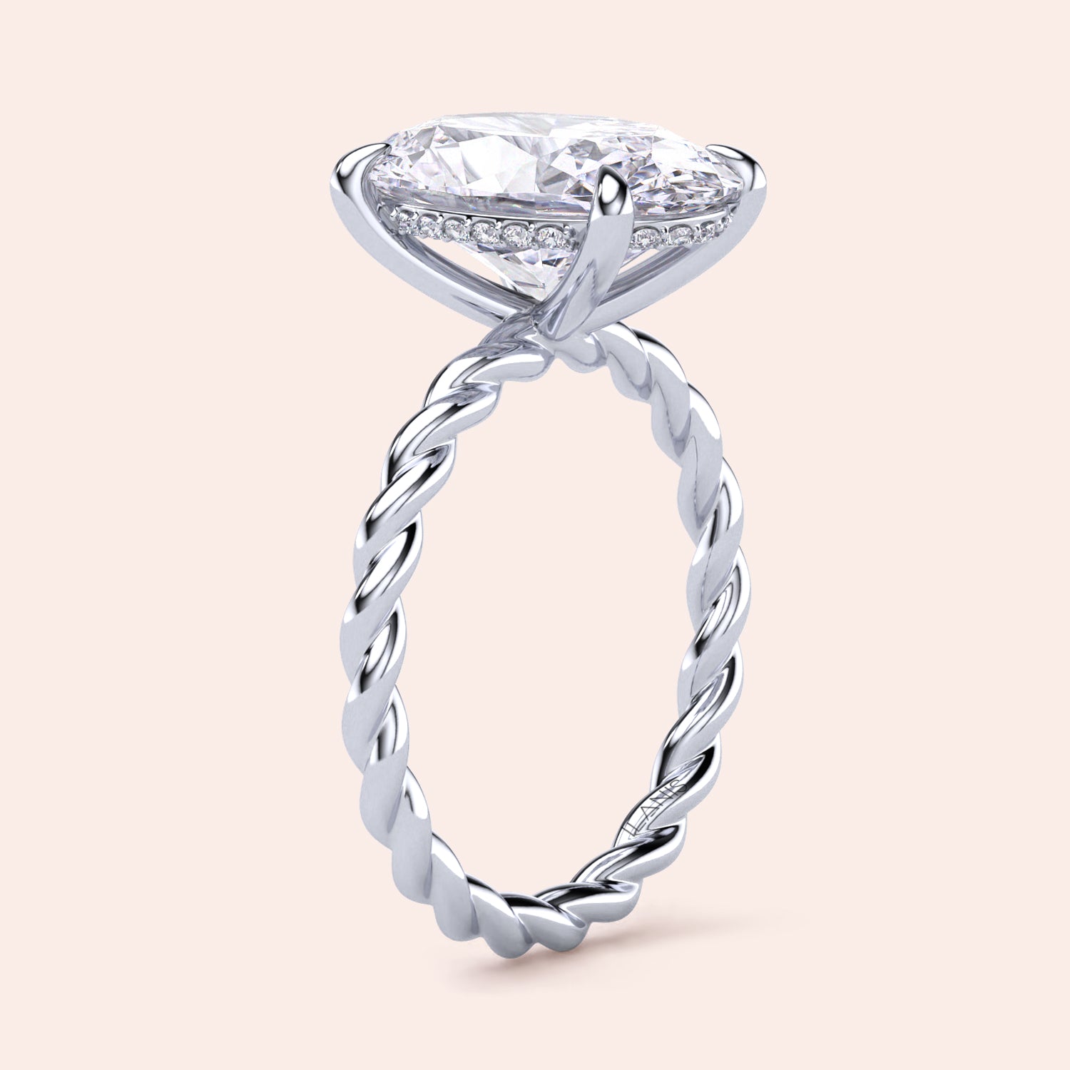 14K white gold twisted band engagement ring featuring an oval diamond andPave diamonds, perfect for elegant proposals.|
#14KRecycledWhiteGold
#18KRecycledWhiteGold
#Platinum