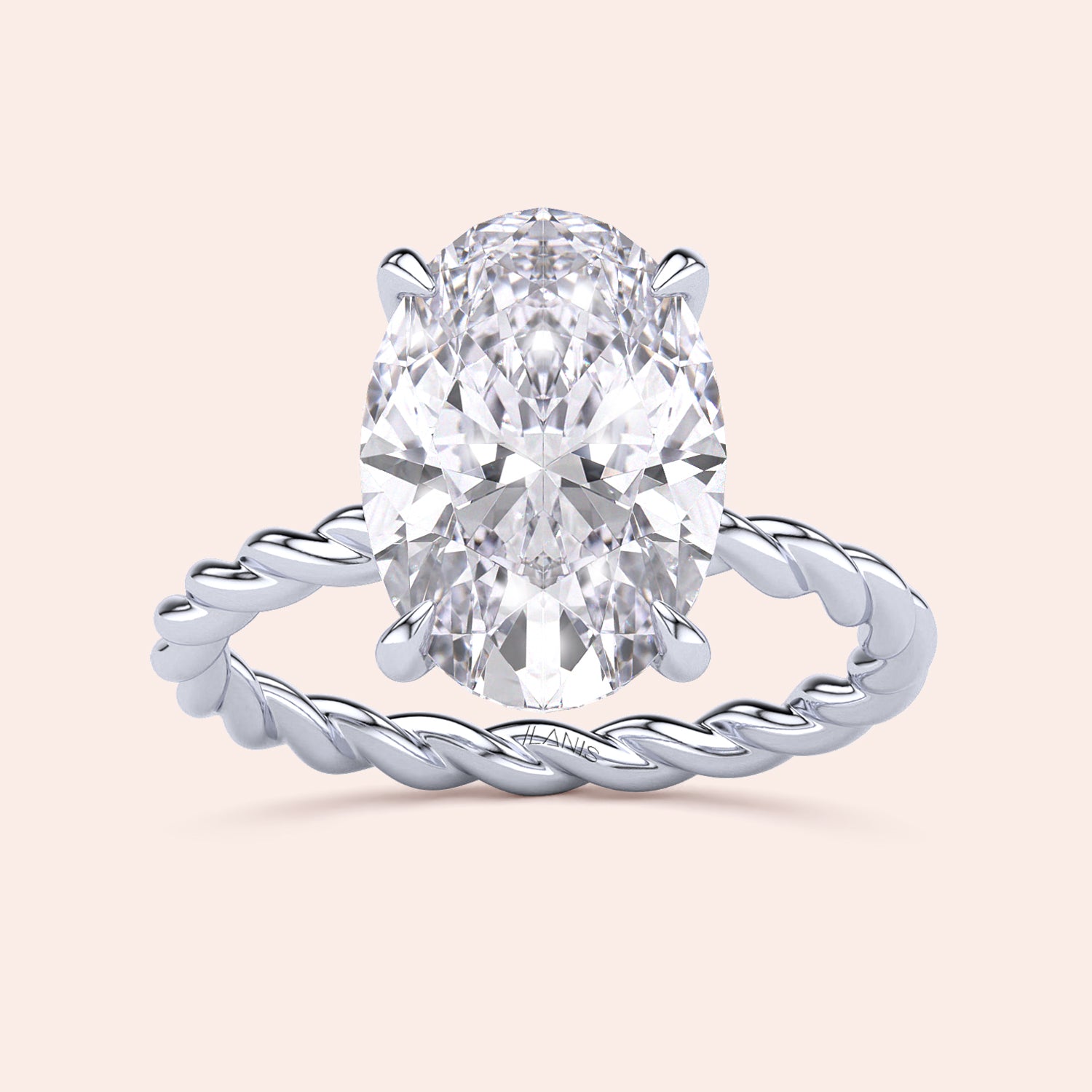 Stunning oval-shaped diamond engagement ring with a twisted band in 14K or 18K white gold or platinum.|
#14KRecycledWhiteGold
#18KRecycledWhiteGold
#Platinum