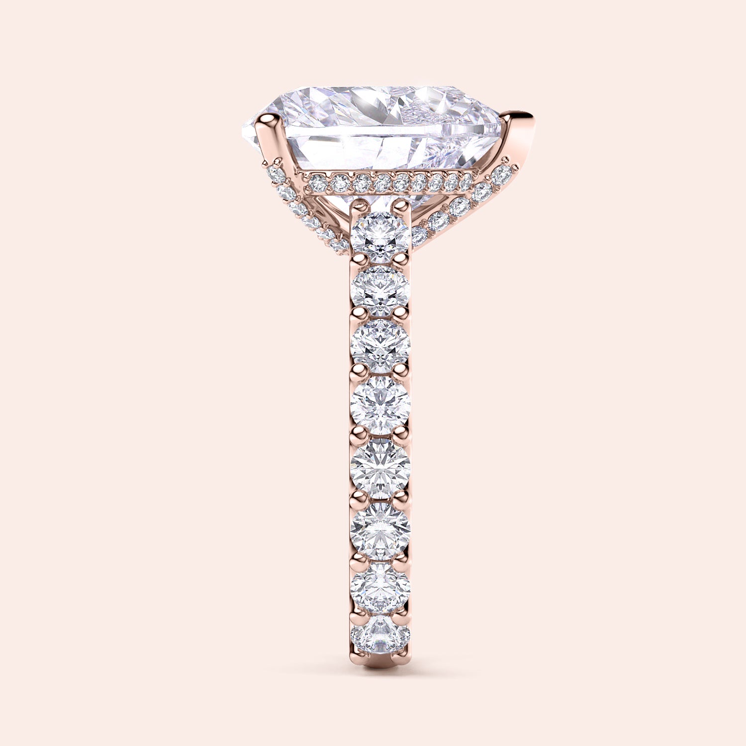 Close-up of a stunning 14K or 18K rose gold oval-shaped diamond engagement ring withPave band and halo accents.|
#14KRecycledRoseGold
#18KRecycledRoseGold