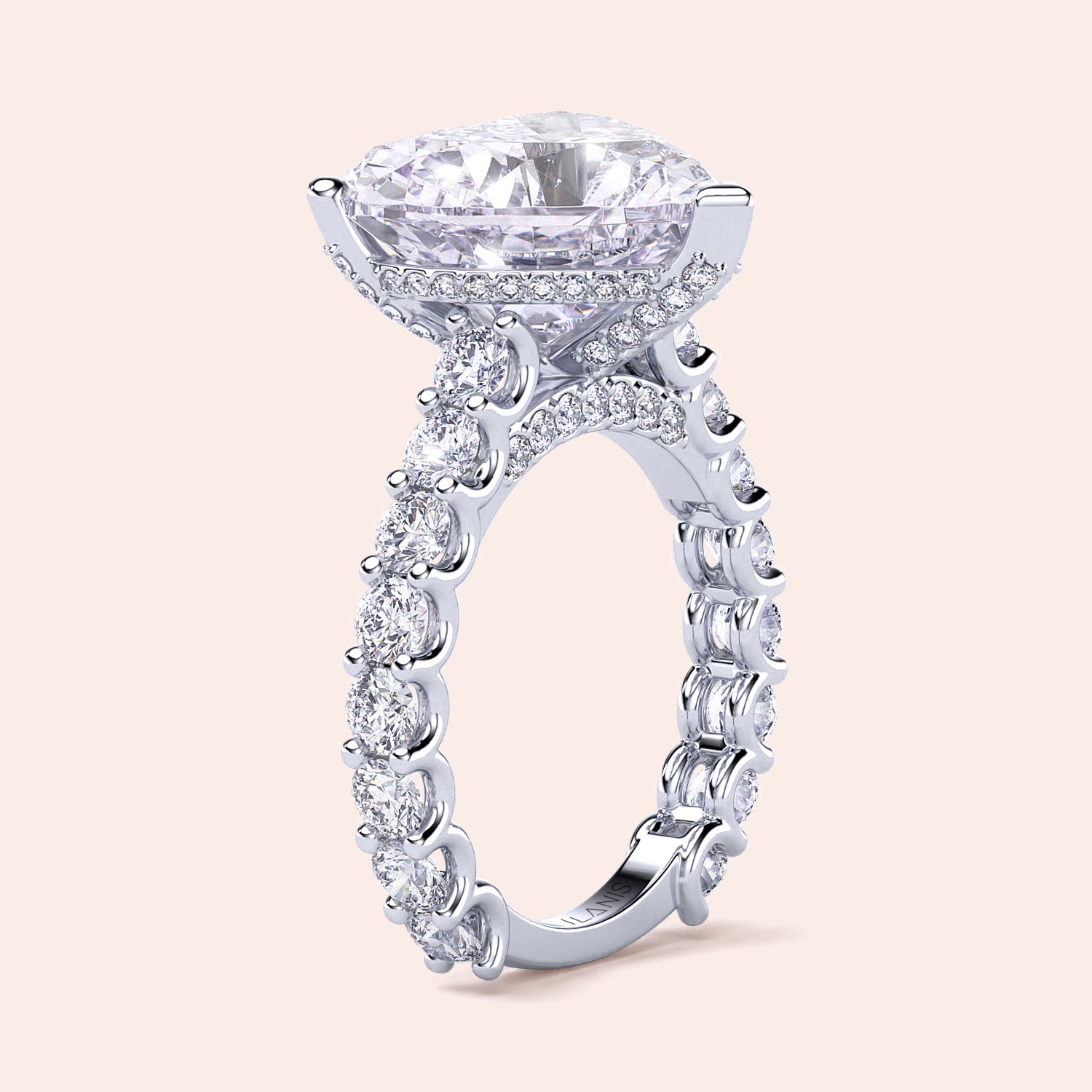 Luxury 14K/18K white gold engagement ring featuring heart hidden halo, diamond accents, and oval center stone.|
#14KRecycledWhiteGold
#18KRecycledWhiteGold
#Platinum