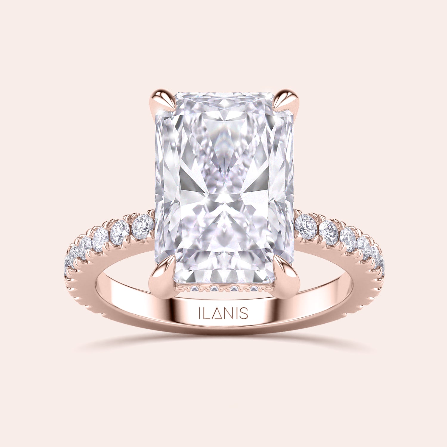 Radiant-cut diamond engagement ring in 14K rose gold with a fullPave band, showcasing elegance and timeless beauty.|
#14KRecycledRoseGold
#18KRecycledRoseGold