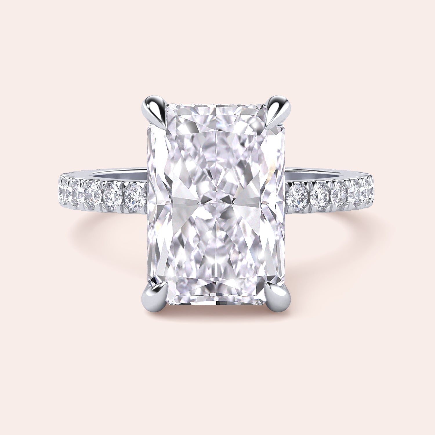 Radiant cut diamond engagement ring in 14K or 18K white gold or platinum with Pave diamond band, front view.|
#14KRecycledWhiteGold
#18KRecycledWhiteGold
#Platinum