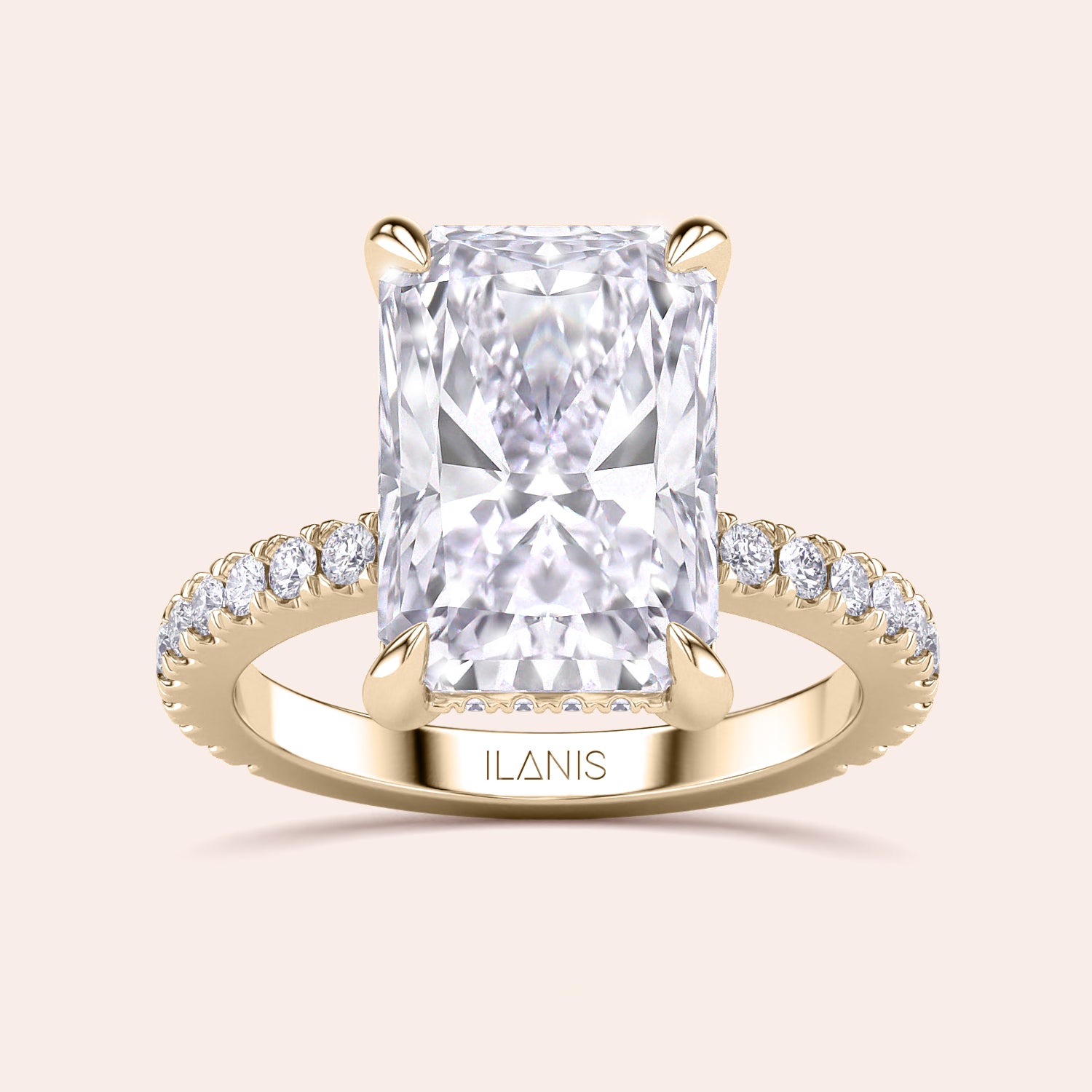 Radiant diamond engagement ring in 14K or 18K yellow gold, featuring a stunning center stone andPave diamond band, shown on model.|
#14KRecycledYellowGold
#18KRecycledYellowGold