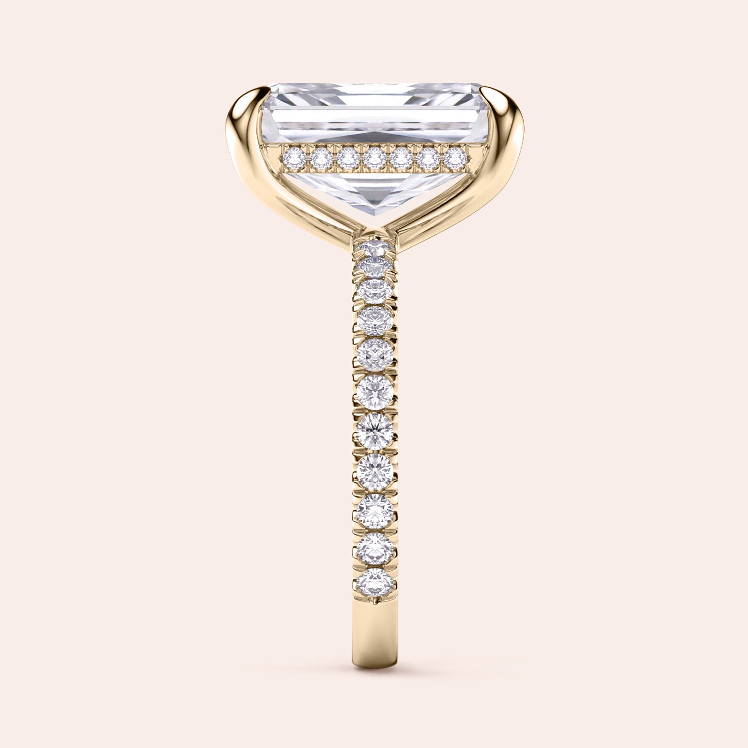 Elegant yellow gold engagement ring with radiant-cut diamond and intricatePave setting, available in 14K, 18K, or platinum.|
#14KRecycledYellowGold
#18KRecycledYellowGold