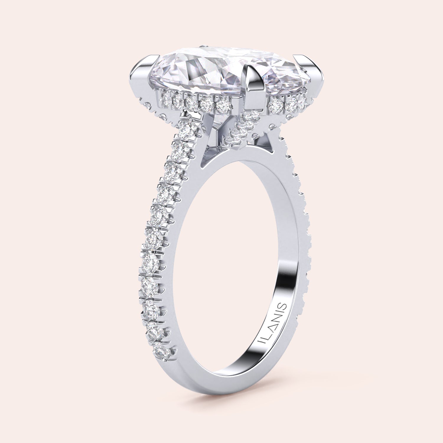 Radiant cut diamond engagement ring in 14K or 18K white gold or platinum with Pave diamond band, front view.|
#14KRecycledWhiteGold
#18KRecycledWhiteGold
#Platinum