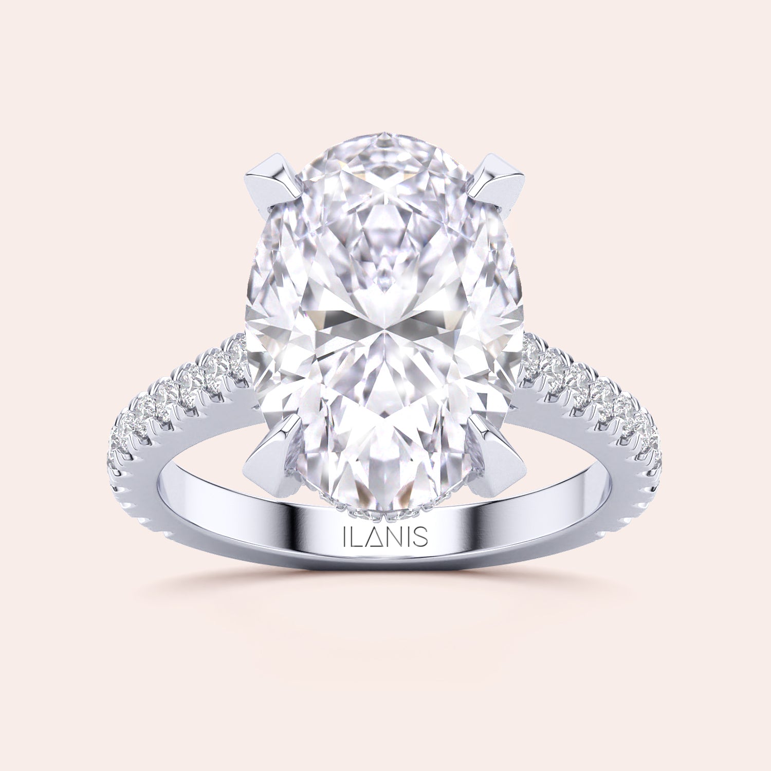 Radiant cut diamond engagement ring in 14K or 18K white gold or platinum with Pave diamond band, front view.|
#14KRecycledWhiteGold
#18KRecycledWhiteGold
#Platinum