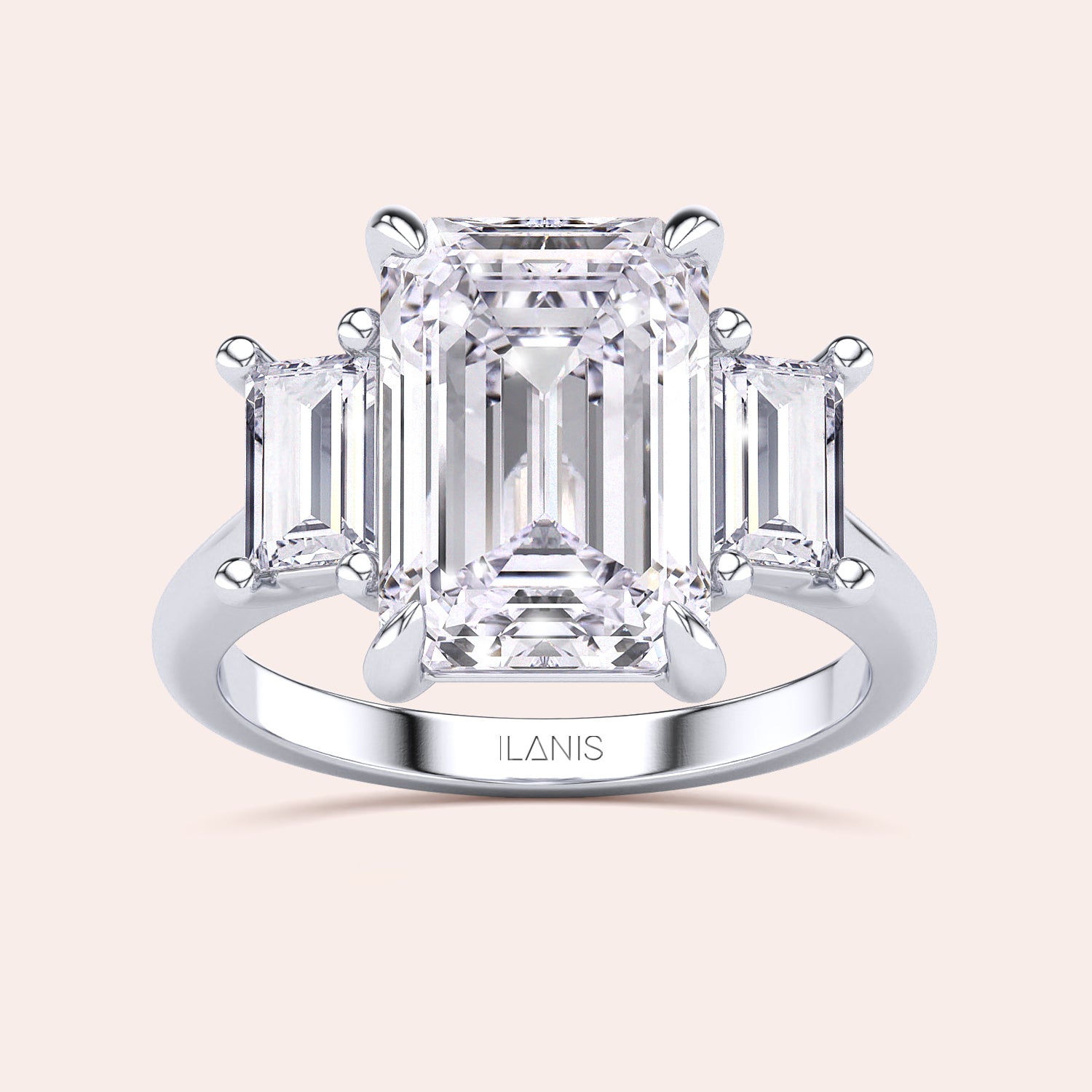 Radiant cut diamond engagement ring in 14K or 18K white gold or platinum with Pave diamond band, front view.|
#14KRecycledWhiteGold
#18KRecycledWhiteGold
#Platinum