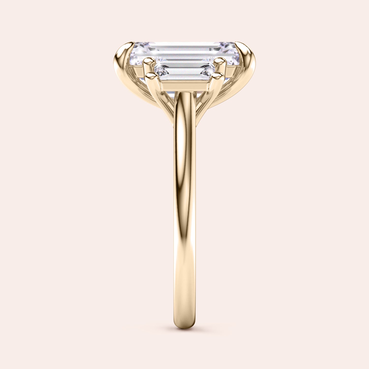 Radiant-cut diamond engagement ring with side stone accents in 14K yellow gold, displayed on a neutral background.|
#14KRecycledYellowGold
#18KRecycledYellowGold