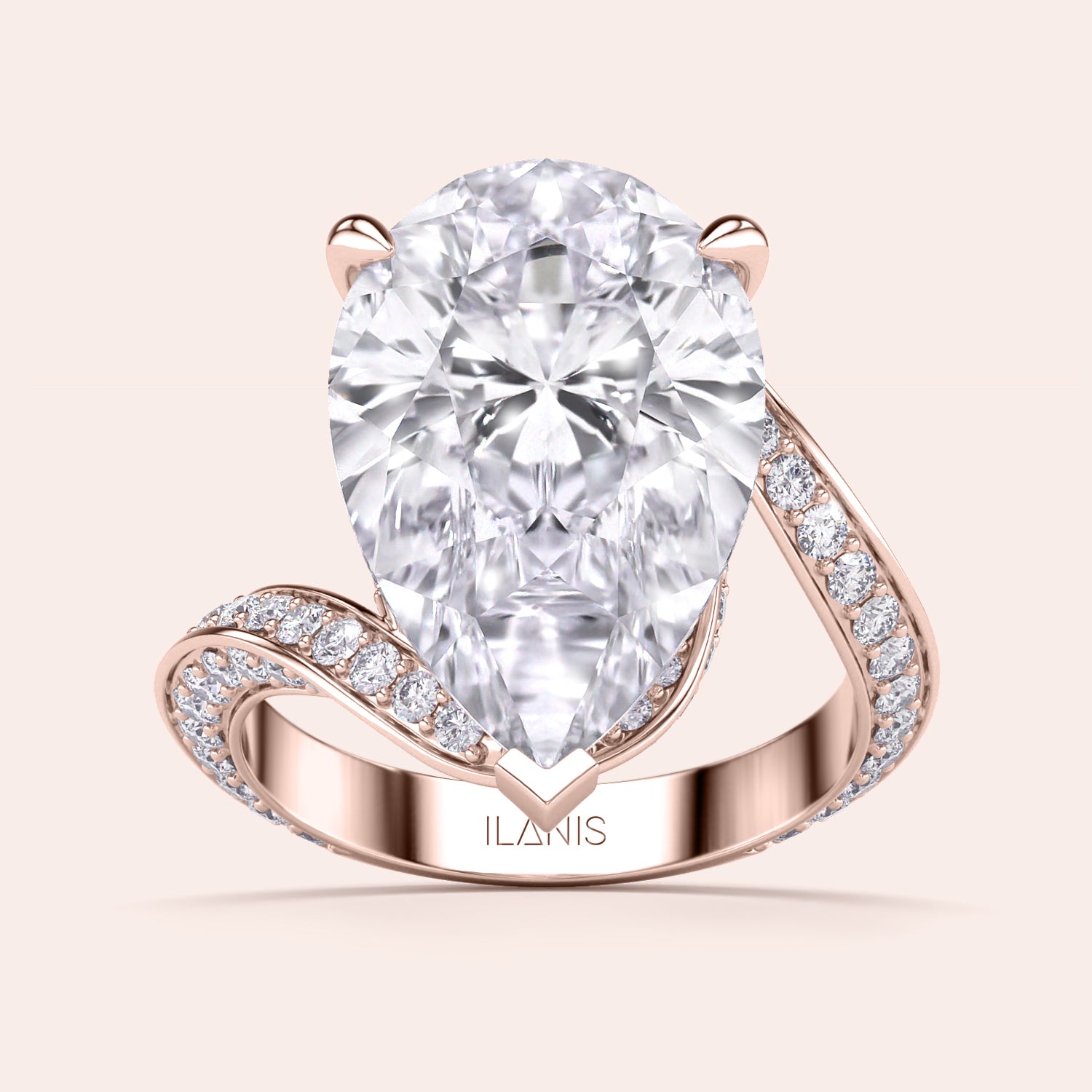 Rose Gold pear-shaped diamond engagement ring with Pave band, available in 14K/18K gold or platinum, features an exquisite centerpiece.|
#14KRecycledRoseGold
#18KRecycledRoseGold