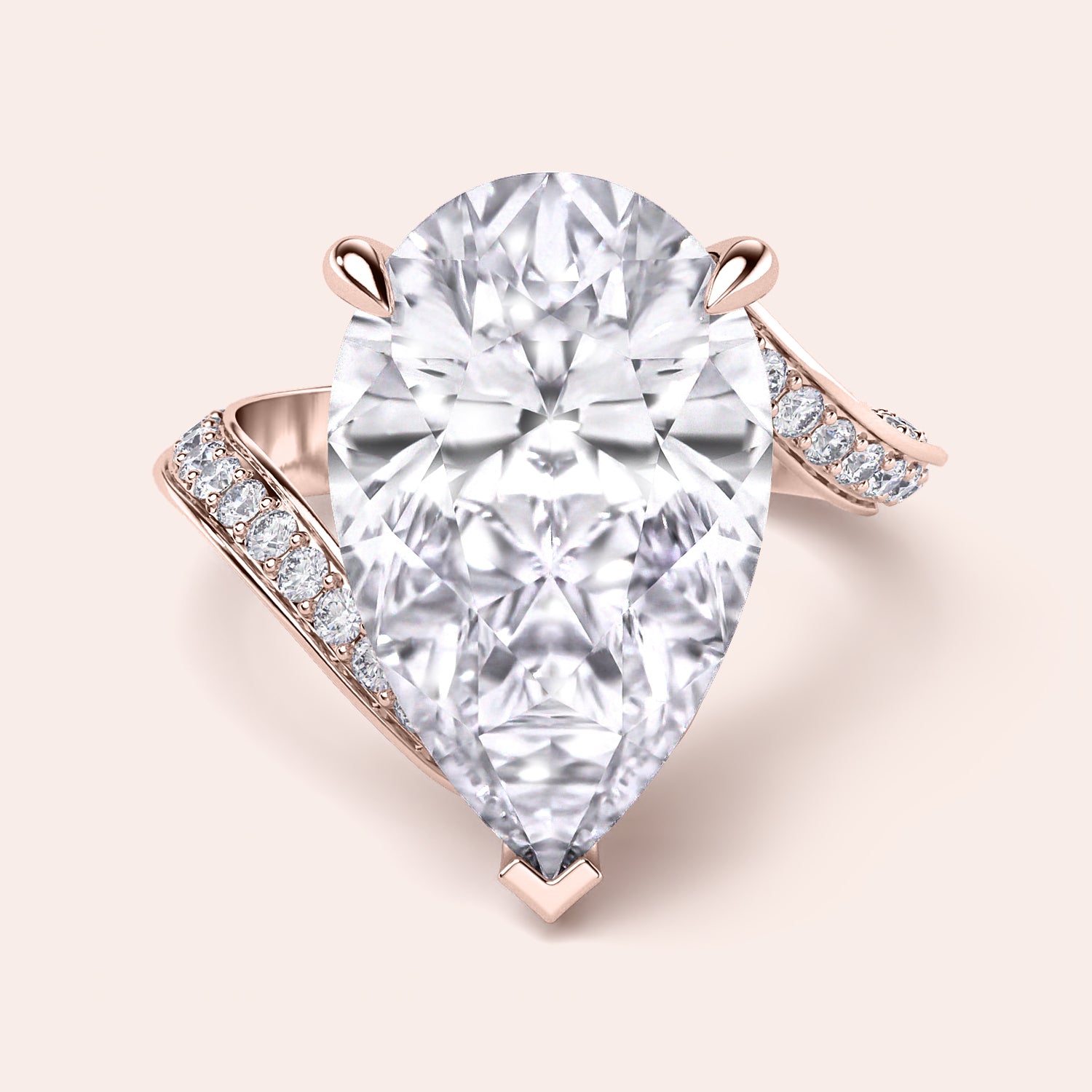 Rose Gold pear-shaped diamond engagement ring with Pave band, available in 14K/18K gold or platinum, features an exquisite centerpiece.|
#14KRecycledRoseGold
#18KRecycledRoseGold