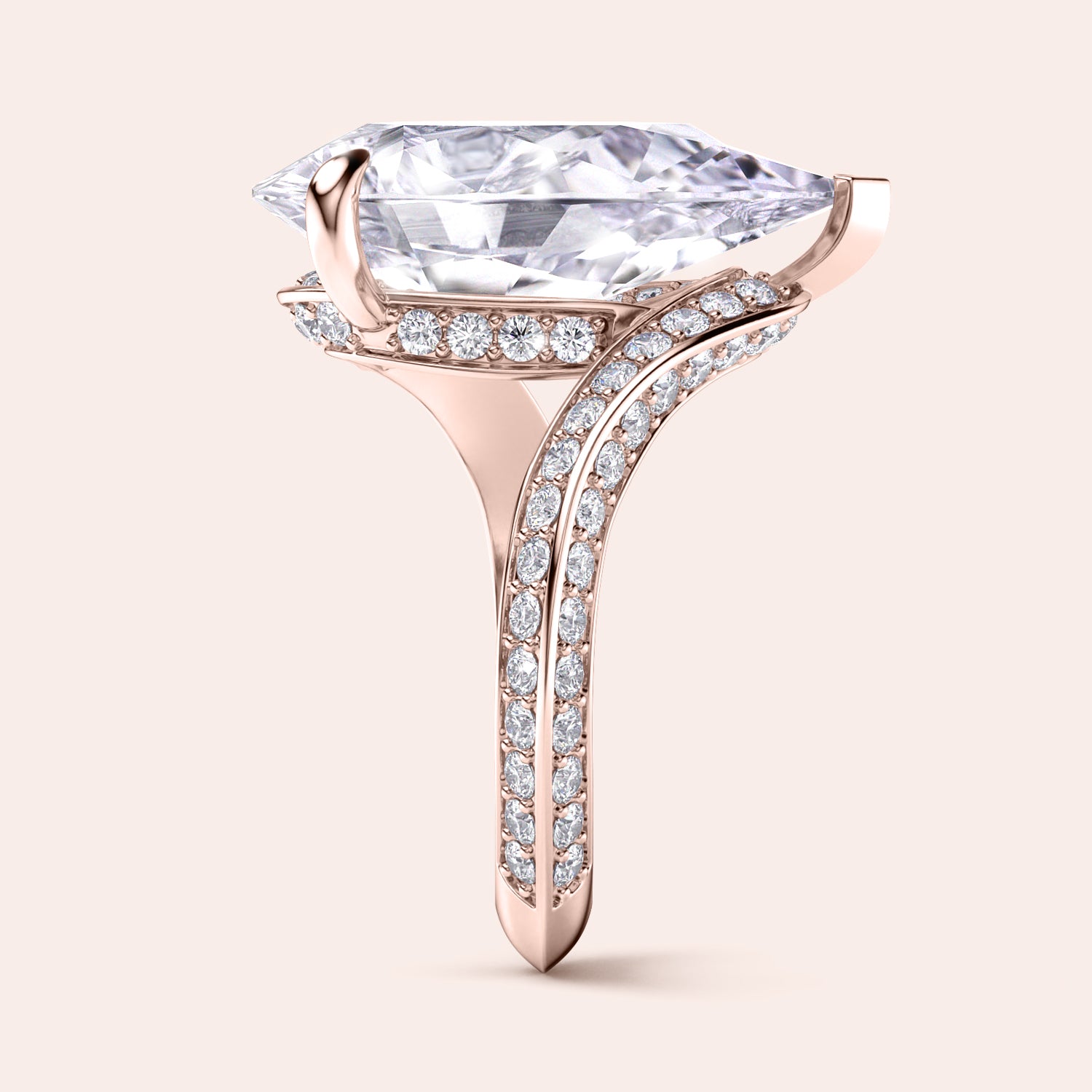 Rose Gold pear-shaped diamond engagement ring with Pave band, available in 14K/18K gold or platinum, features an exquisite centerpiece.|
#14KRecycledRoseGold
#18KRecycledRoseGold