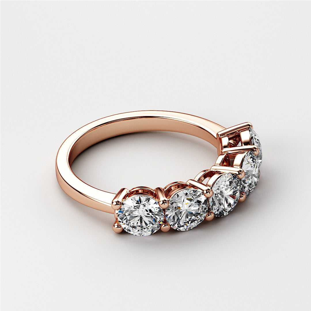 Elegant 14K rose gold wedding band featuring five round brilliant-cut diamonds in classic prong setting. Perfect for an eternity ring. |
 
 
 
 
 #14KRecycledRoseGold
 #18KRecycledRoseGold