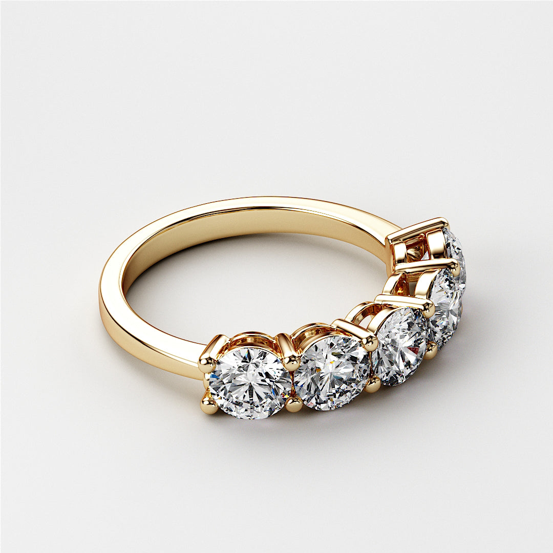 Elegant 14K or 18K gold wedding band featuring five round diamonds in shared prong settings, perfect for anniversaries. |
 
 
 #14KRecycledYellowGold
 #18KRecycledYellowGold