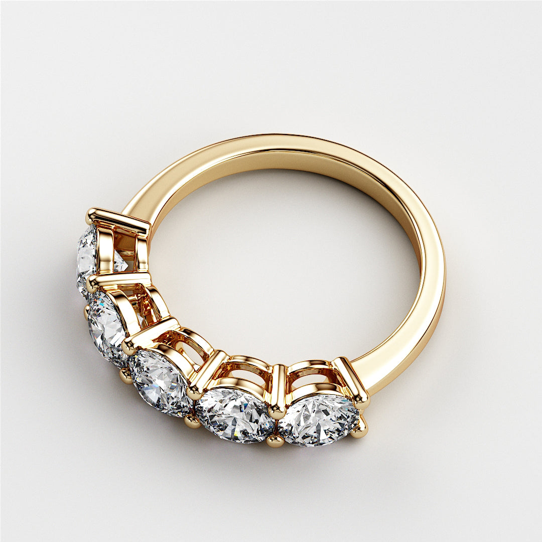 Elegant 14K gold wedding band featuring five round brilliant cut diamonds, showcasing stunning craftsmanship and timeless design. |
 
 
 #14KRecycledYellowGold
 #18KRecycledYellowGold