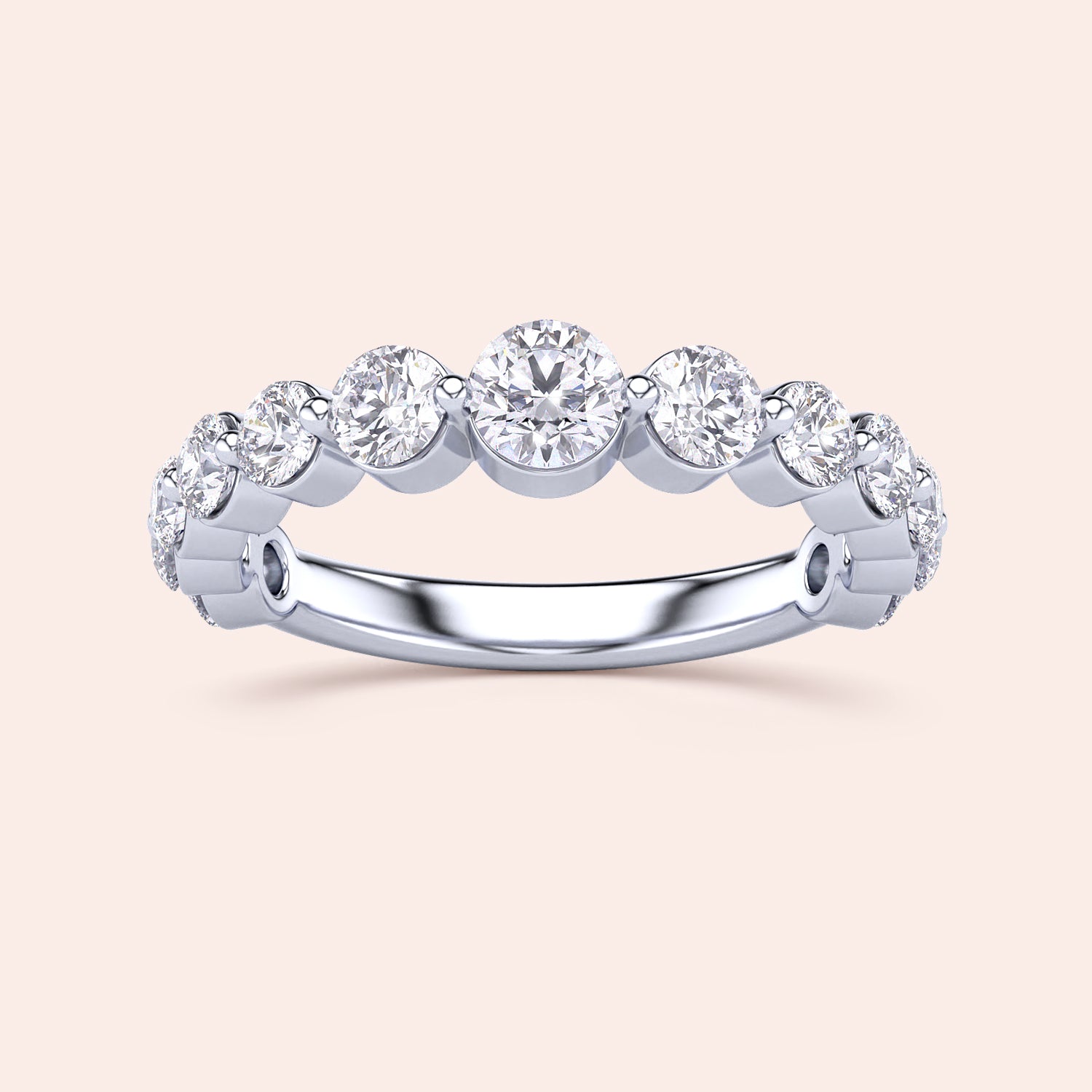 Elegant 14K/18K gold or platinum half eternity wedding band with round brilliant-cut diamonds in a sleek prong setting. |
 #14KRecycledWhiteGold
 #18KRecycledWhiteGold
 
 
 
 
 #Platinum