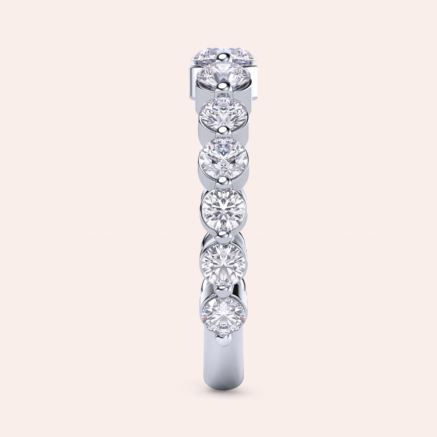 Elegant white gold wedding band featuring a stunning row of round brilliant-cut diamonds in a shared prong setting. |
 #14KRecycledWhiteGold
 #18KRecycledWhiteGold
 
 
 
 
 #Platinum