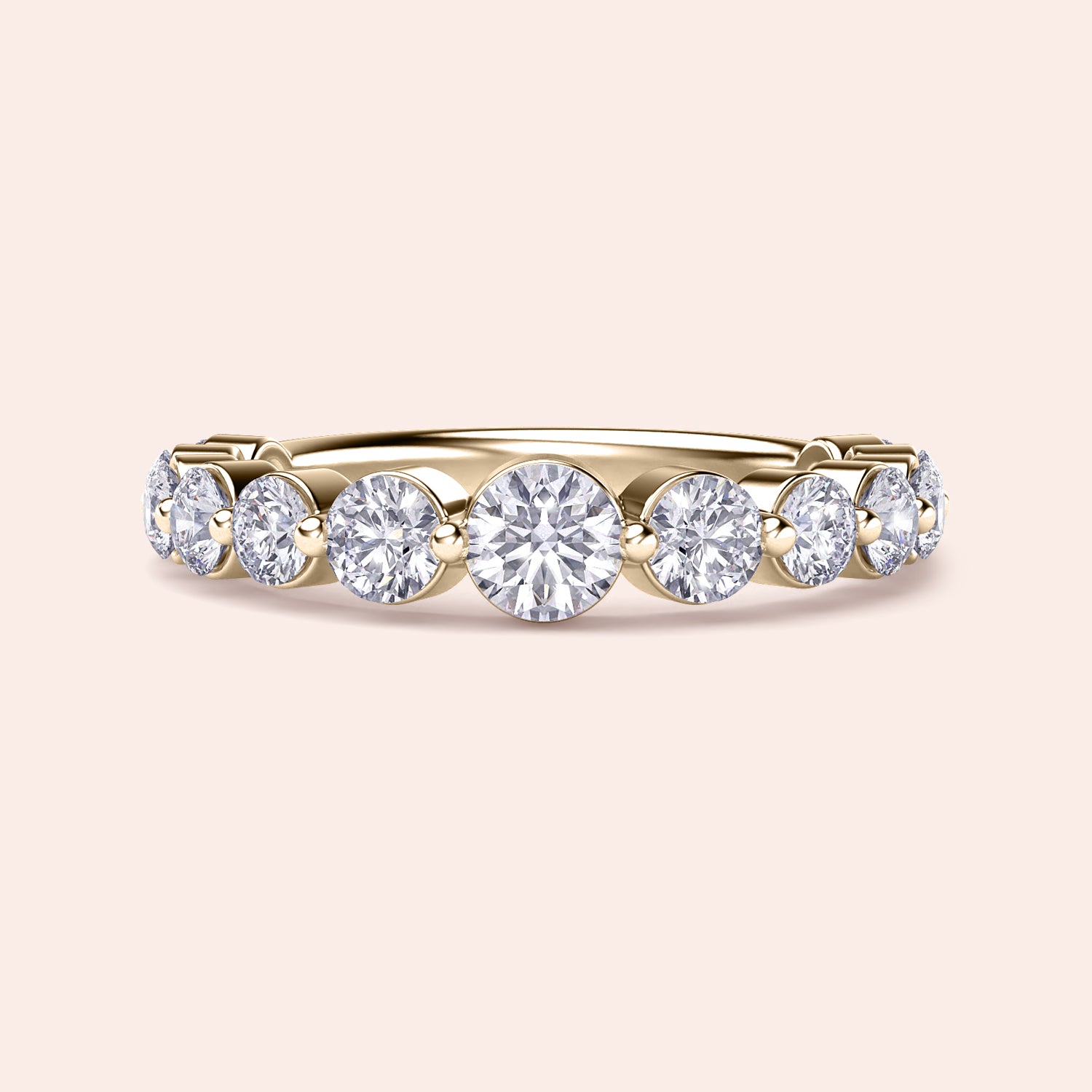 Elegant yellow gold wedding band with shared prong round diamonds, available in 14K, 18K, or platinum for timeless luxury. |
 
 
 #14KRecycledYellowGold
 #18KRecycledYellowGold