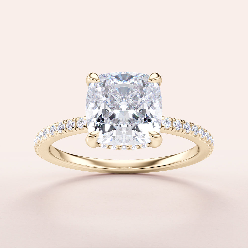 Elegant cushion cut diamond engagement ring with pave band, available in 14K or 18K gold or platinum.|
#14KRecycledYellowGold
#18KRecycledYellowGold