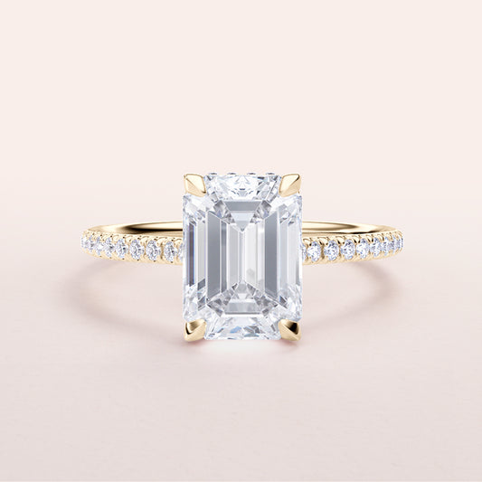 Elegant 14K or 18K Gold Engagement Ring with Emerald-Cut Diamond, Pave Band, and Hidden Halo - WE-024 Phoebus