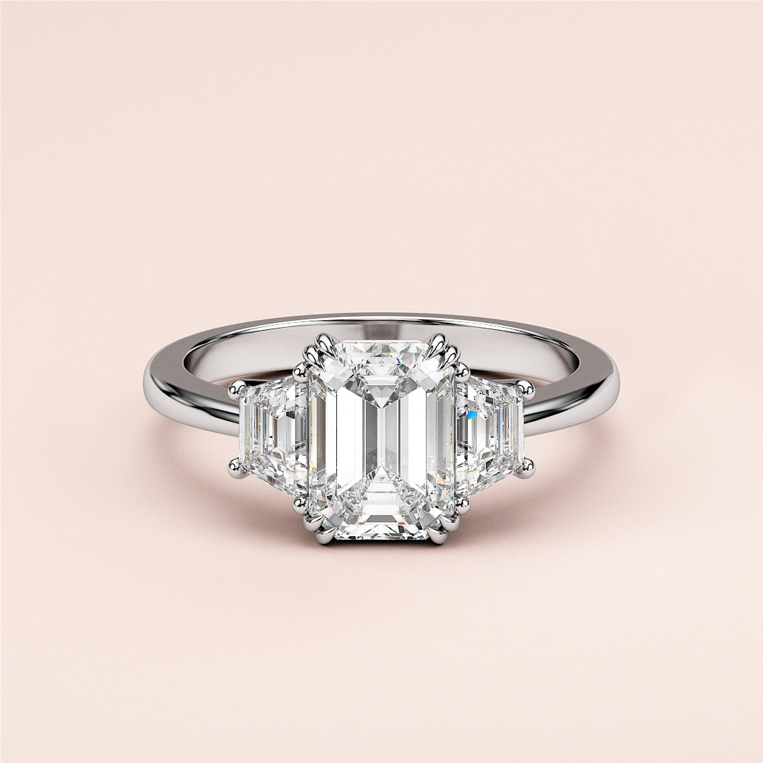Three-Stone Emerald Cut Diamond Ring in 14K White Gold, front view, showcasing exquisite craftsmanship and elegance.|
#14KRecycledWhiteGold
#18KRecycledWhiteGold
#Platinum