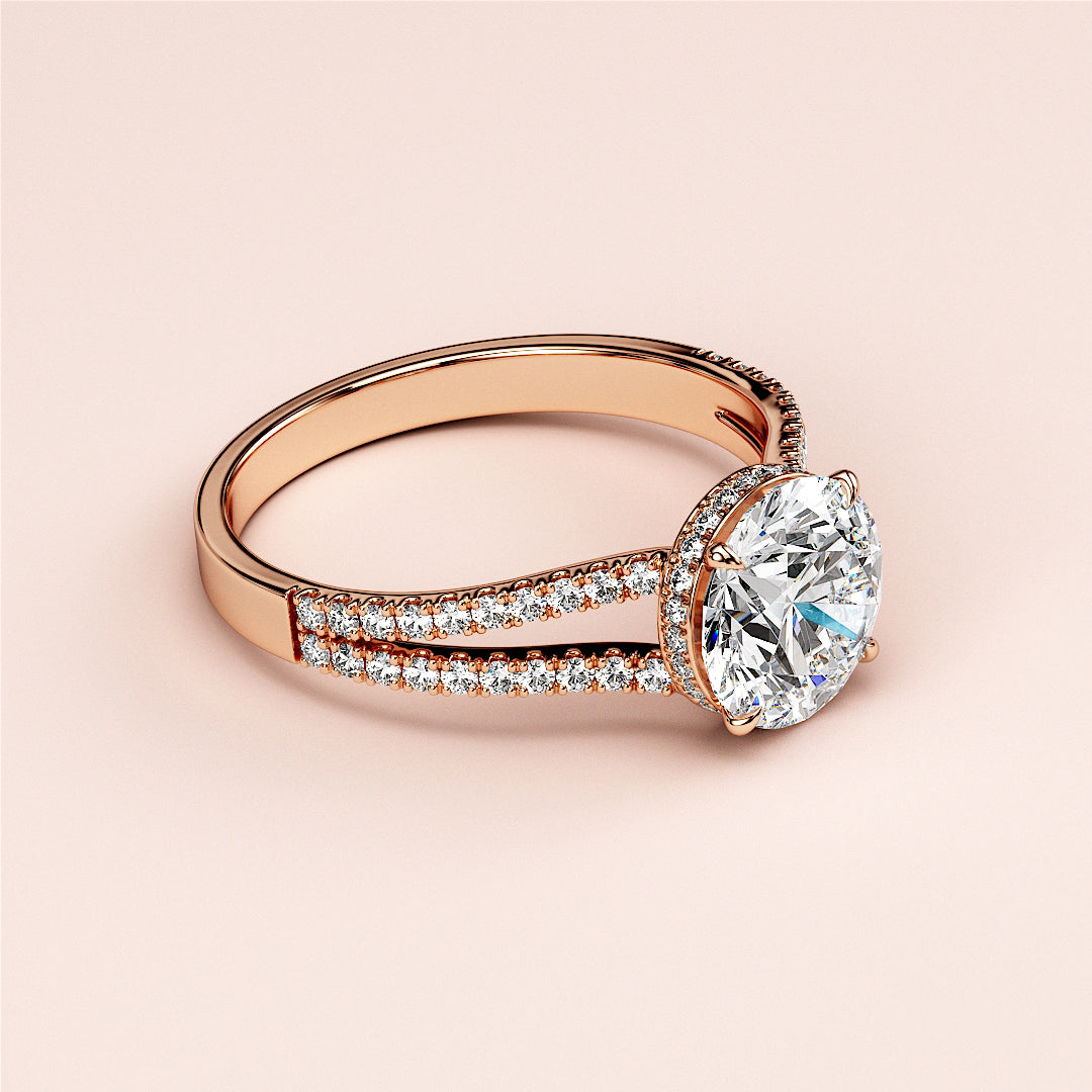 "Elegant 14K/18K rose gold engagement ring with round-cut diamond, hidden halo, and split-shank pave band."|
#14KRecycledRoseGold
#18KRecycledRoseGold