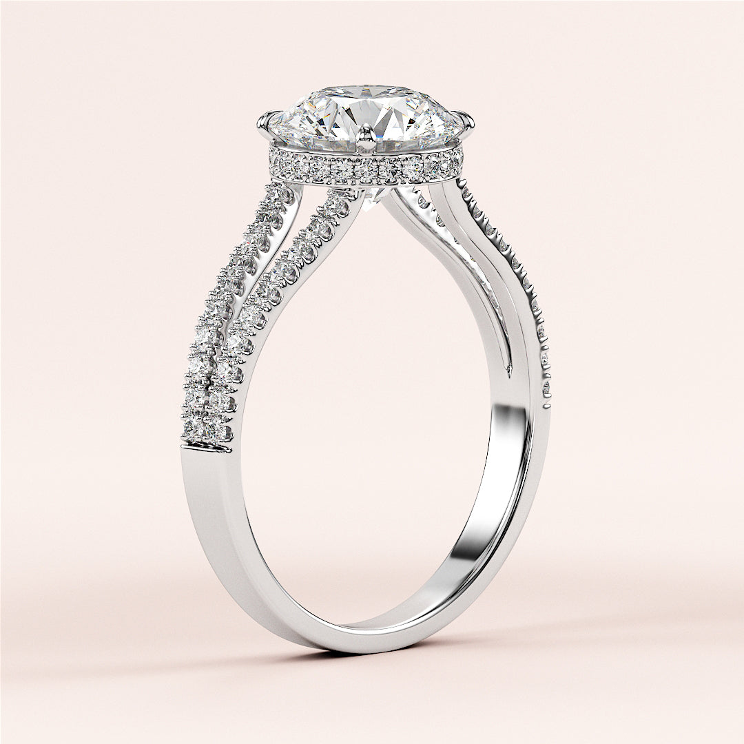 Stunning 14K white gold engagement ring with round hidden halo, split shank, and pave-set diamonds. Perfect for your special moment.|
#14KRecycledWhiteGold
#18KRecycledWhiteGold
#Platinum