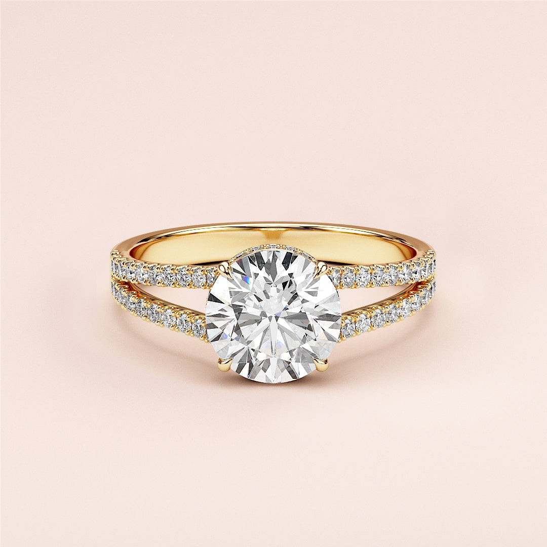 Elegant 14K or 18K yellow gold round diamond engagement ring with split shank band and pave-set diamonds, perfect for proposals.|
#14KRecycledYellowGold
#18KRecycledYellowGold