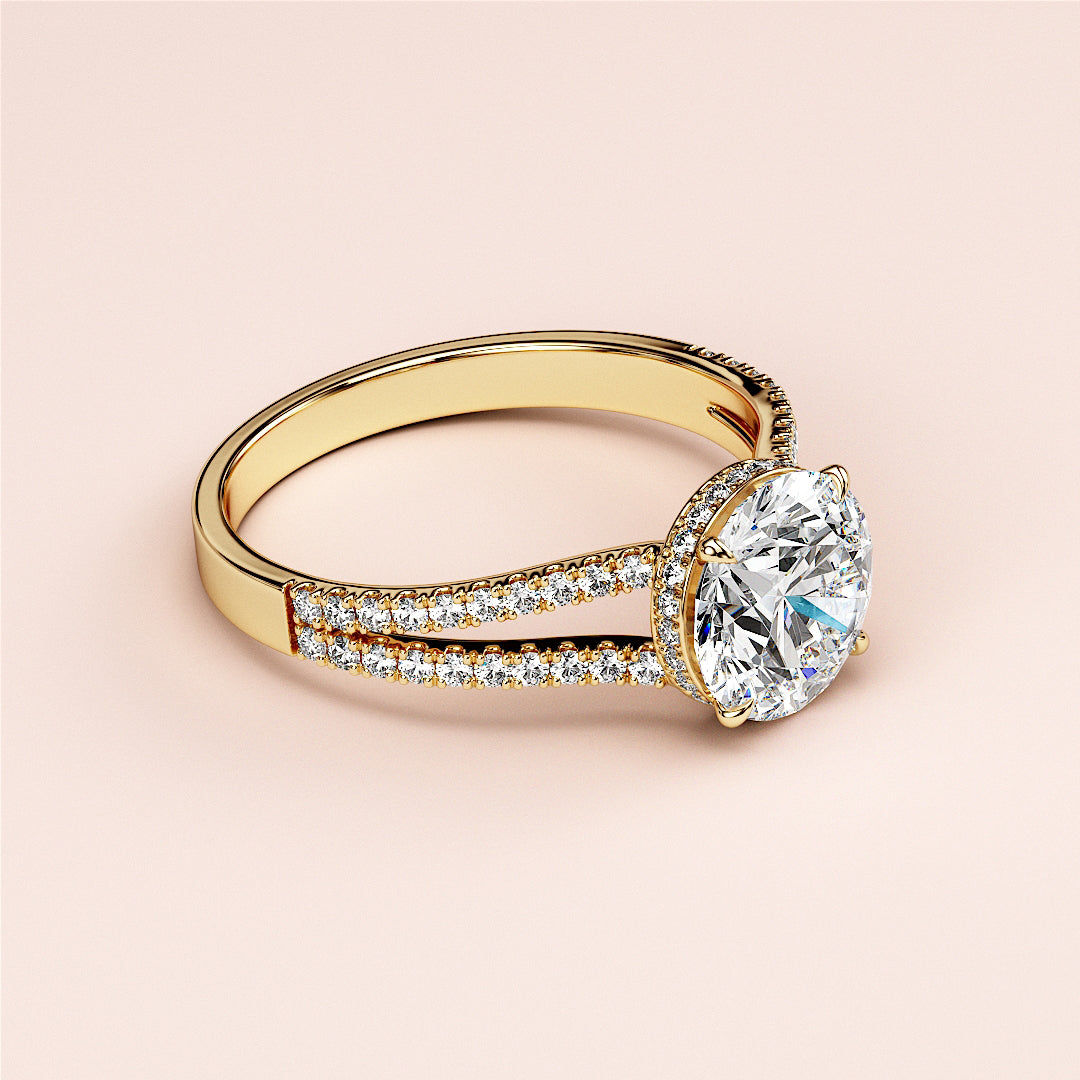 Elegant 14K or 18K yellow gold engagement ring with round diamond center andPave band, perfect for engagement or special occasions.|
#14KRecycledYellowGold
#18KRecycledYellowGold