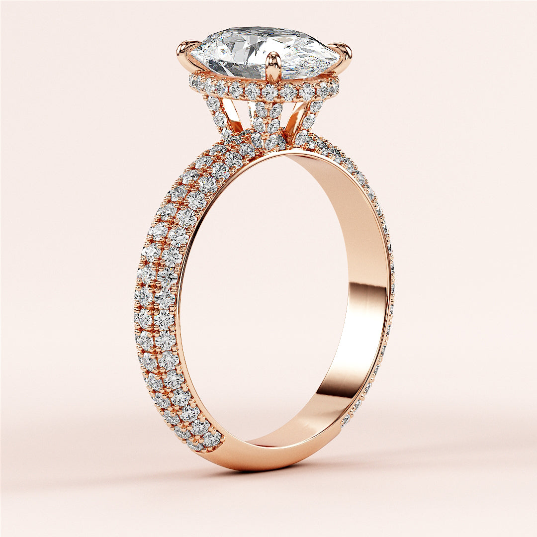 Elegant rose gold marquise diamond engagement ring withPave accents and halo setting, available in 14K, 18K, or platinum.|
#14KRecycledRoseGold
#18KRecycledRoseGold