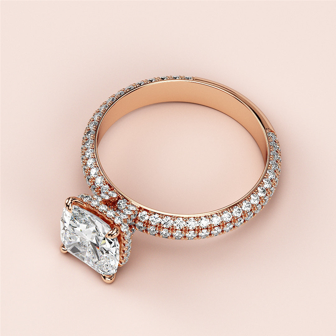 Elegant 14K/18K rose gold engagement ring with cushion-cut diamond, pave accents, and hidden halo, perfect for a timeless proposal.|
#14KRecycledRoseGold
#18KRecycledRoseGold