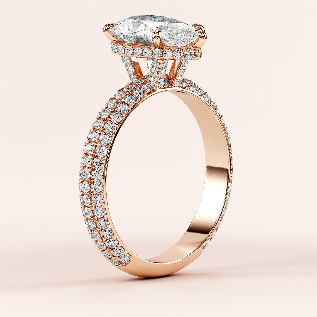 14K or 18K rose gold engagement ring with marquise diamond center and diamond accents, not worn on model.|
#14KRecycledRoseGold
#18KRecycledRoseGold
