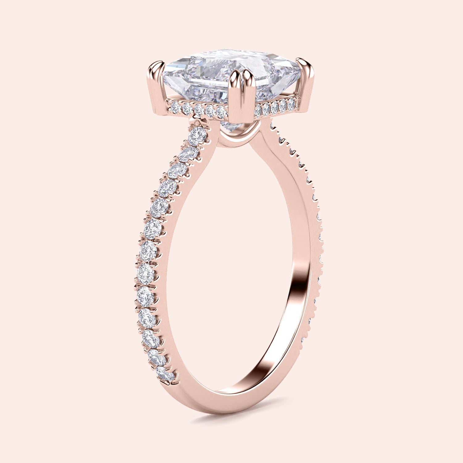 Rose gold engagement ring with oval diamond center andPave band in 14K/18K gold or platinum, elegantly worn on model's finger.|
#14KRecycledRoseGold
#18KRecycledRoseGold
