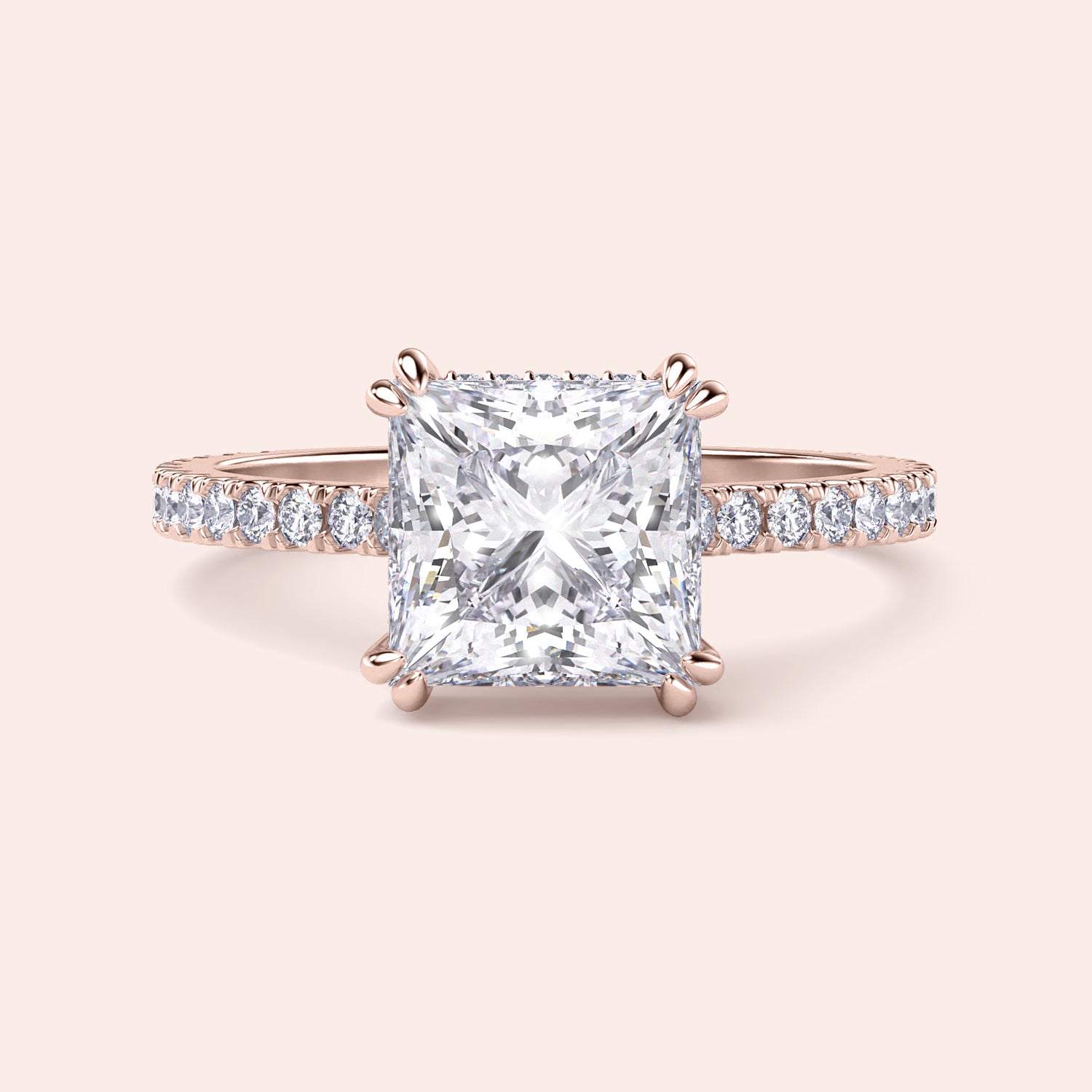 Exquisite princess-cut diamond engagement ring in rose gold, featuring a diamondPave band, available in 14K, 18K, or platinum.|
#14KRecycledRoseGold
#18KRecycledRoseGold