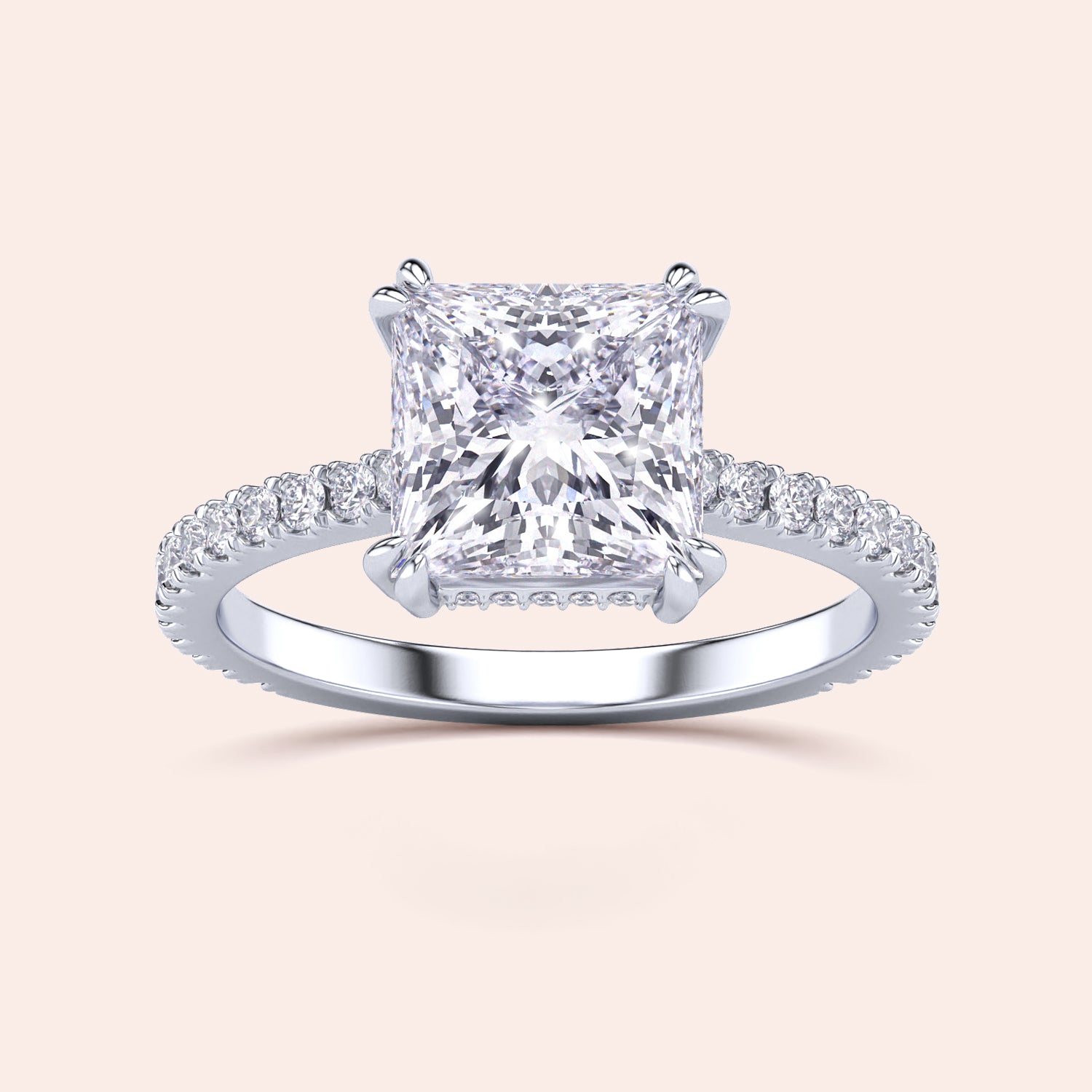 Princess-cut diamond engagement ring with pave band in 14K or 18K gold or platinum, featuring a hidden halo design.|
#14KRecycledWhiteGold
#18KRecycledWhiteGold
#Platinum
