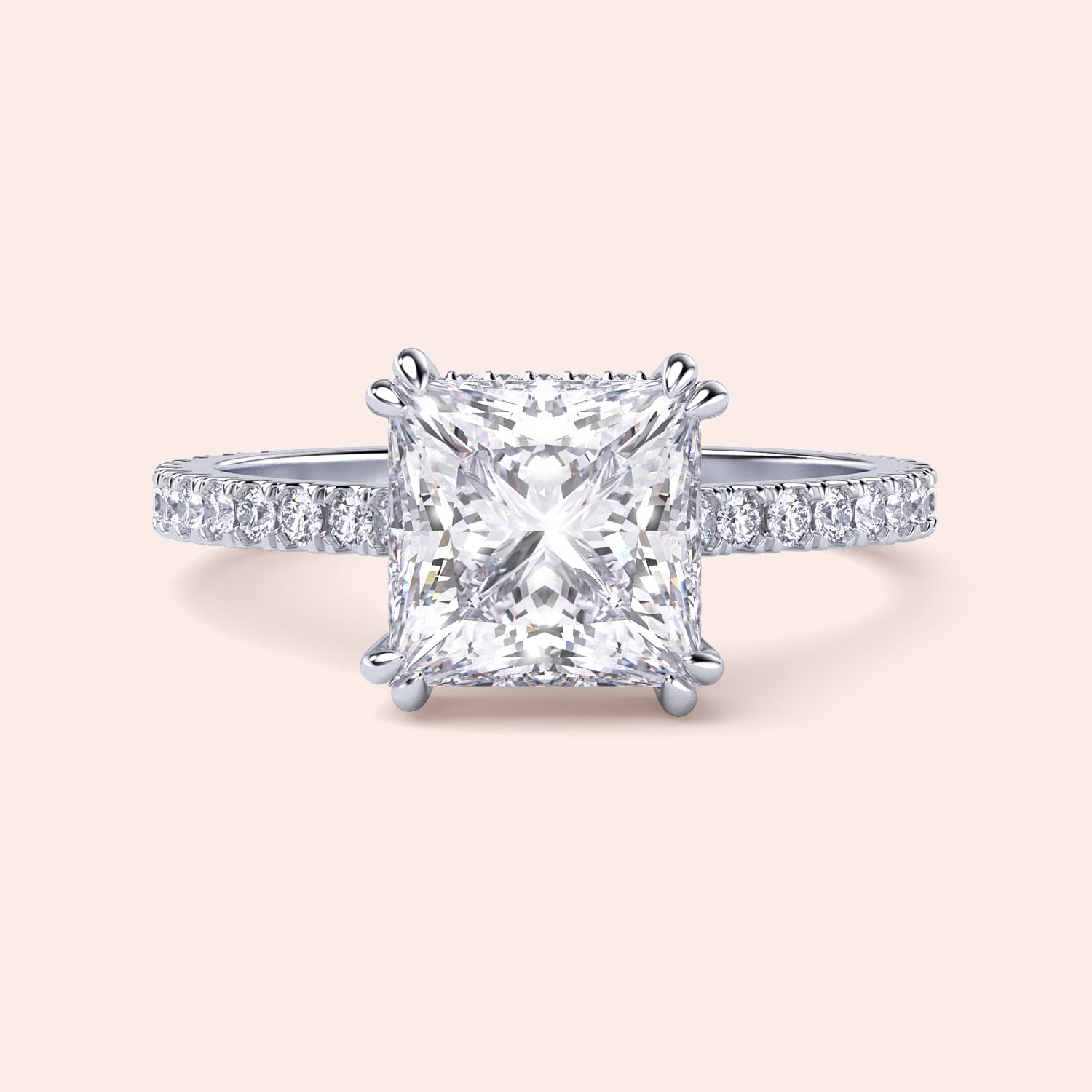 Elegant princess-cut diamond engagement ring with a pave band, available in 14K, 18K gold, or platinum.|
#14KRecycledWhiteGold
#18KRecycledWhiteGold
#Platinum