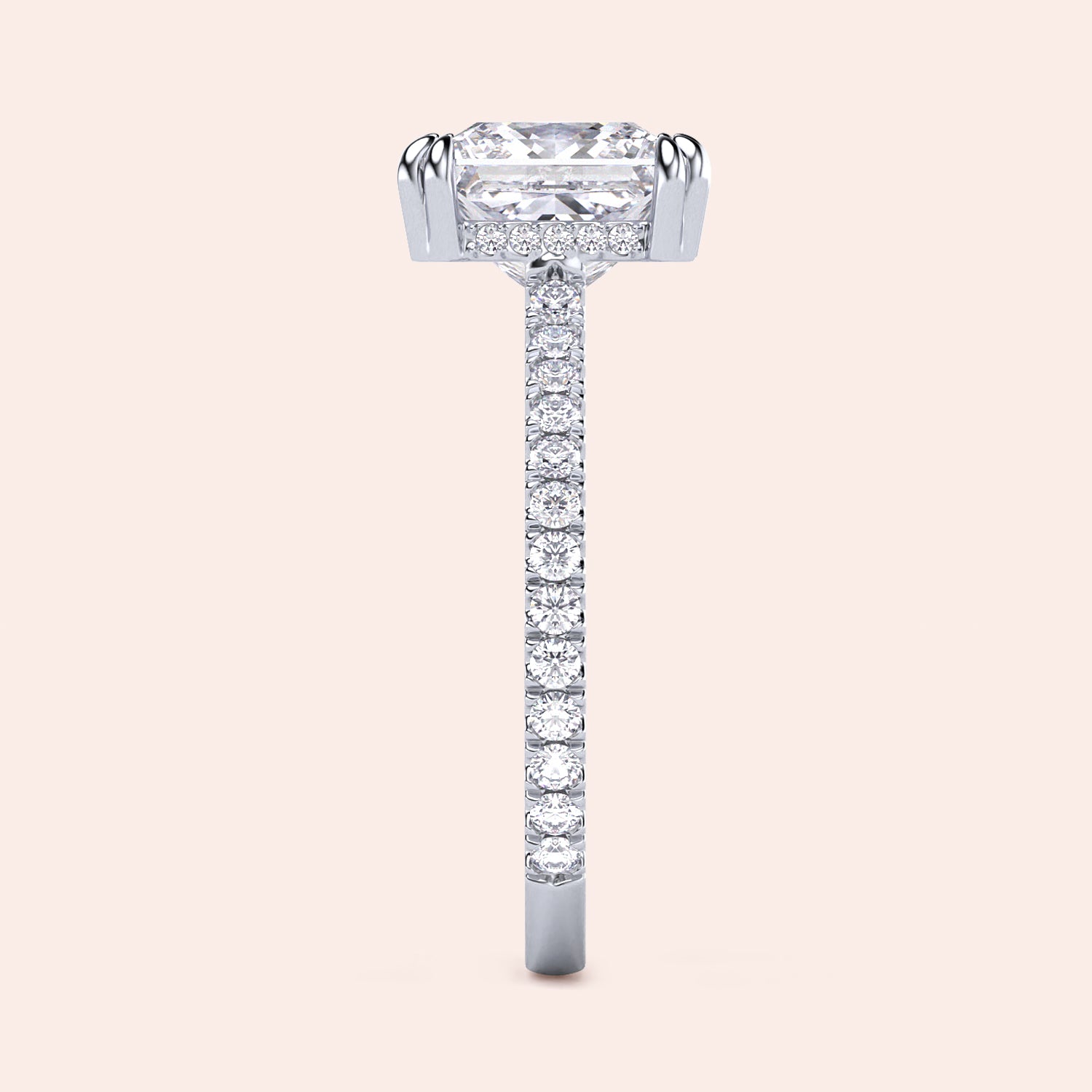 Elegant white gold engagement ring featuring an emerald-cut diamond and a pave band, available in 14K, 18K, and platinum settings.|
#14KRecycledWhiteGold
#18KRecycledWhiteGold
#Platinum