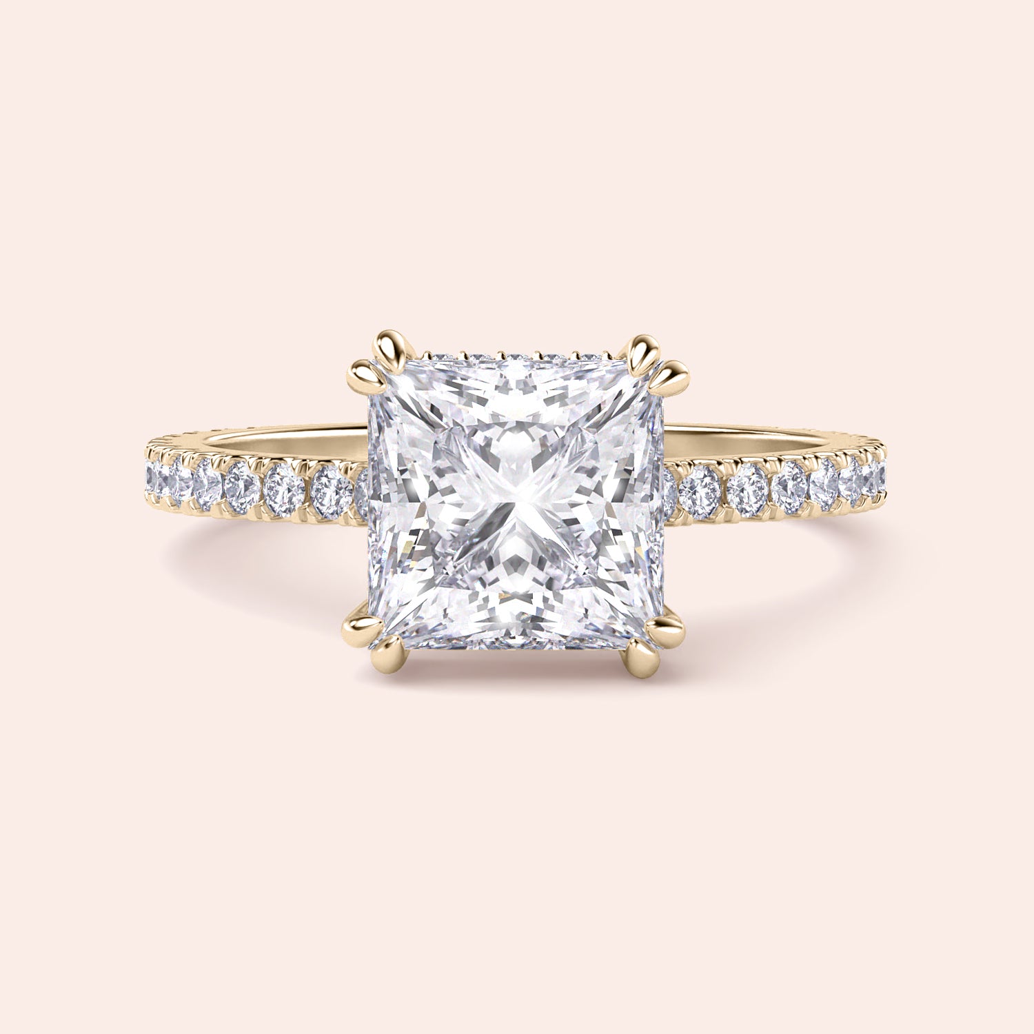 Elegant princess-cut diamond engagement ring in 14K or 18K gold, featuring a halo and pave band for enhanced brilliance.|
#14KRecycledYellowGold
#18KRecycledYellowGold