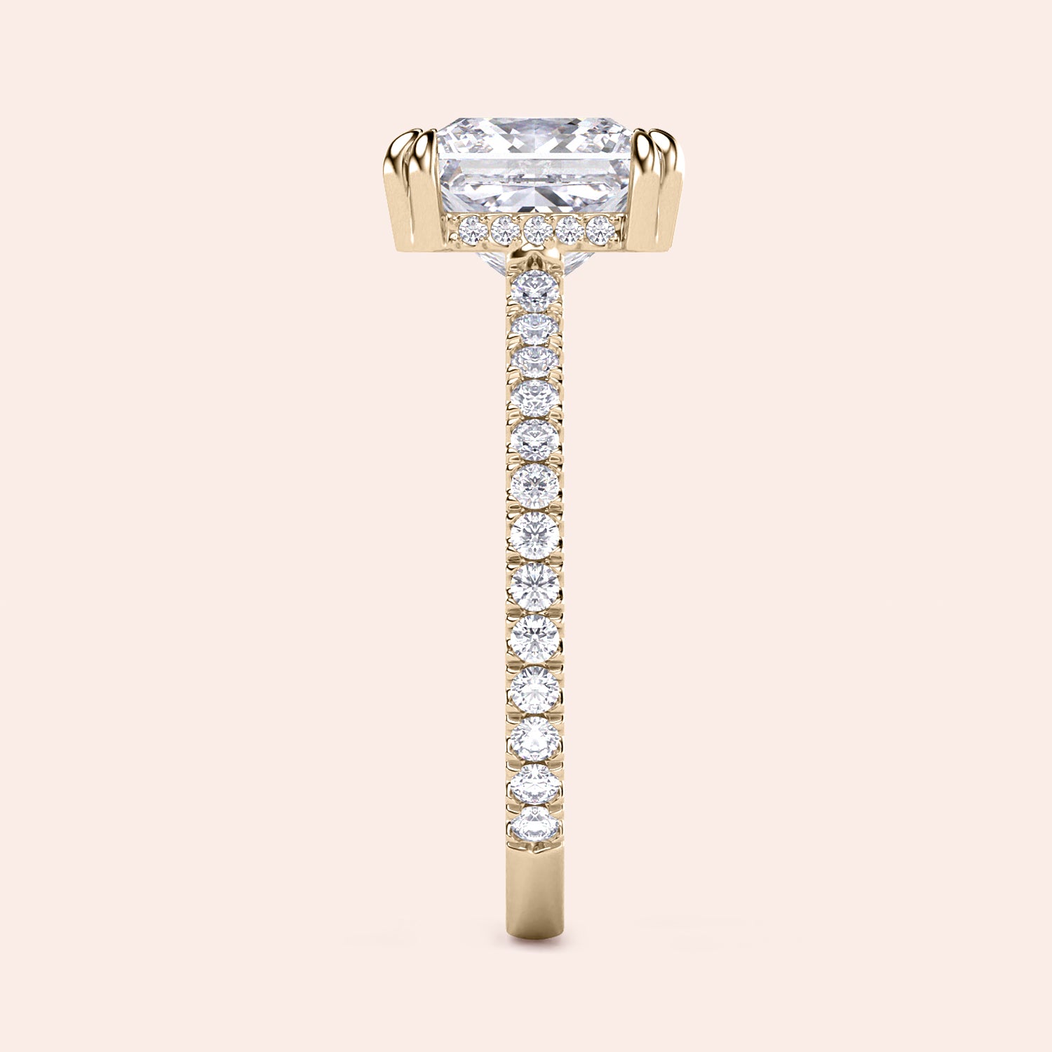 Elegant yellow gold engagement ring featuring a princess-cut diamond with a hidden halo and pave band, available in 14K or 18K.|
#14KRecycledYellowGold
#18KRecycledYellowGold