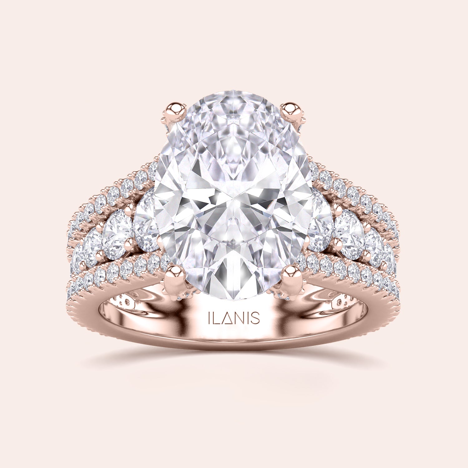Luxurious 14K or 18K rose gold oval diamond engagement ring with a double halo and multi-row diamond band.|
#14KRecycledRoseGold
#18KRecycledRoseGold