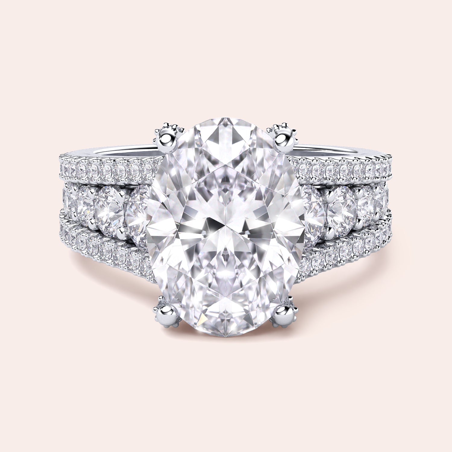 Oval-shaped diamond engagement ring in platinum with a three-rowPave band. Available in 14K and 18K options.|
#14KRecycledWhiteGold
#18KRecycledWhiteGold
#Platinum
