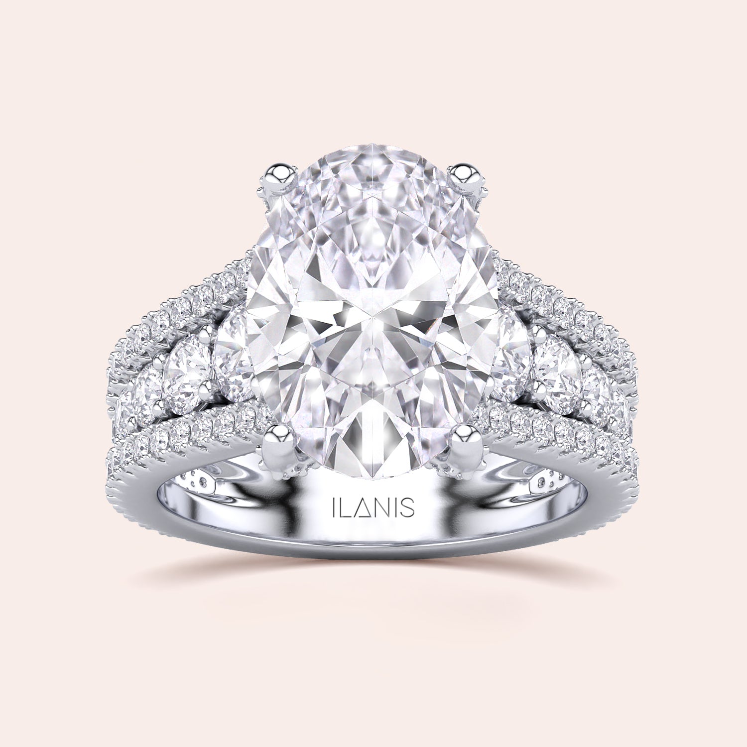 Elegant ILANIS diamond engagement ring in 14K or 18K white gold, featuring an oval diamond centerpiece and a double band design.|
#14KRecycledWhiteGold
#18KRecycledWhiteGold
#Platinum
