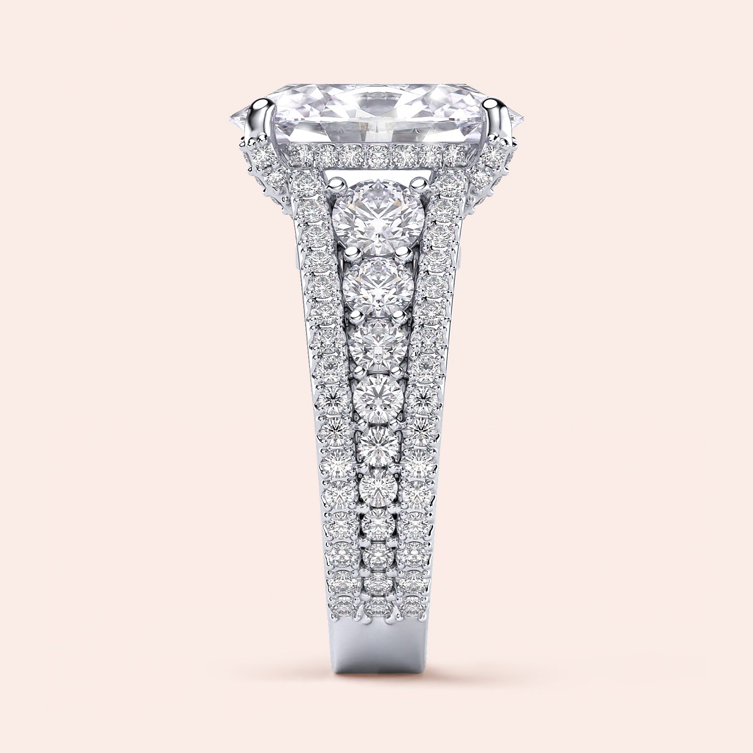 Elegant 14K white gold engagement ring with oval hidden halo accents and three-row band, showcasing stunning diamond details.|
#14KRecycledWhiteGold
#18KRecycledWhiteGold
#Platinum