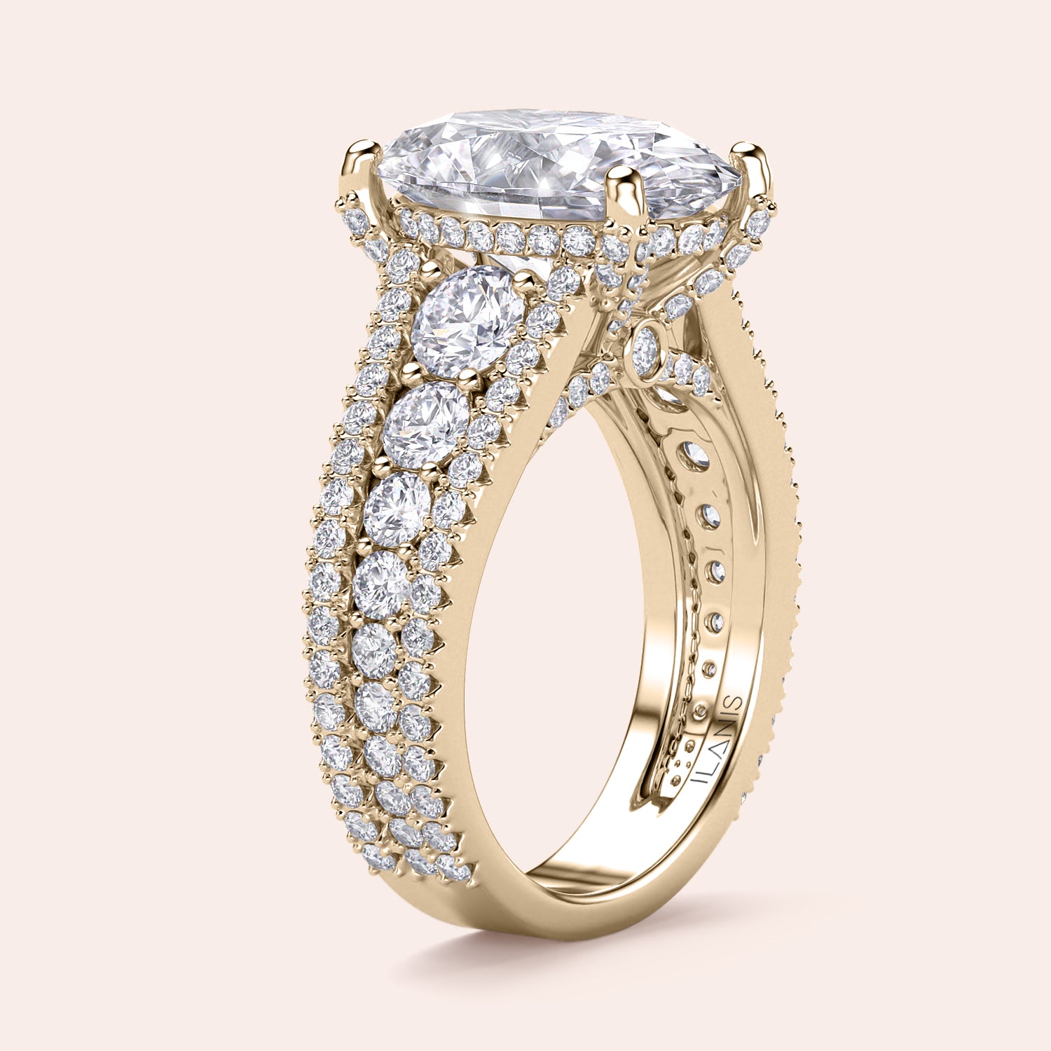 Luxurious 14K yellow gold oval-cut engagement ring with hidden halo accents and diamond-encrusted three-row band.|
#14KRecycledYellowGold
#18KRecycledYellowGold