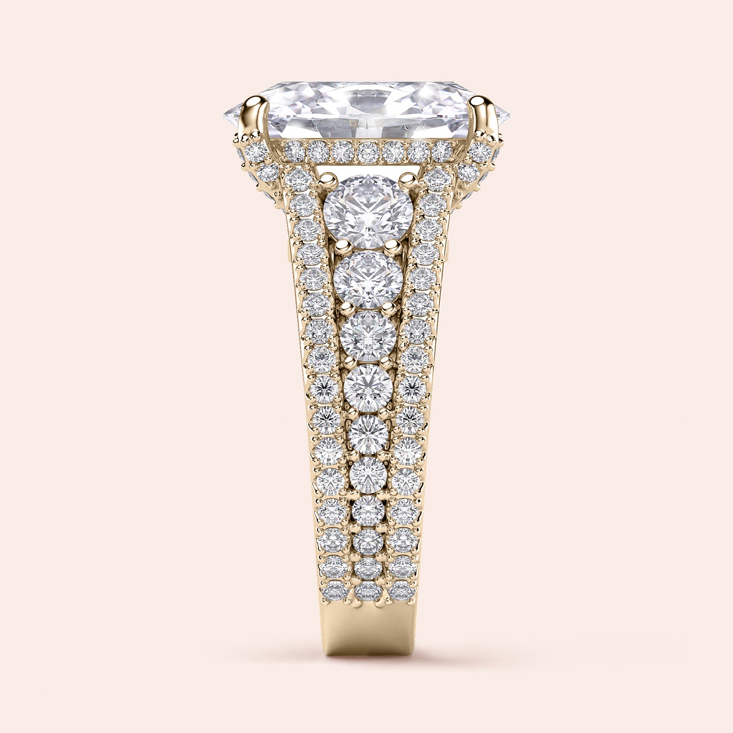 Luxurious emerald-cut diamond engagement ring in 14K yellow gold with hidden halo and three rows of round diamonds, showcasing brilliance.|
#14KRecycledYellowGold
#18KRecycledYellowGold