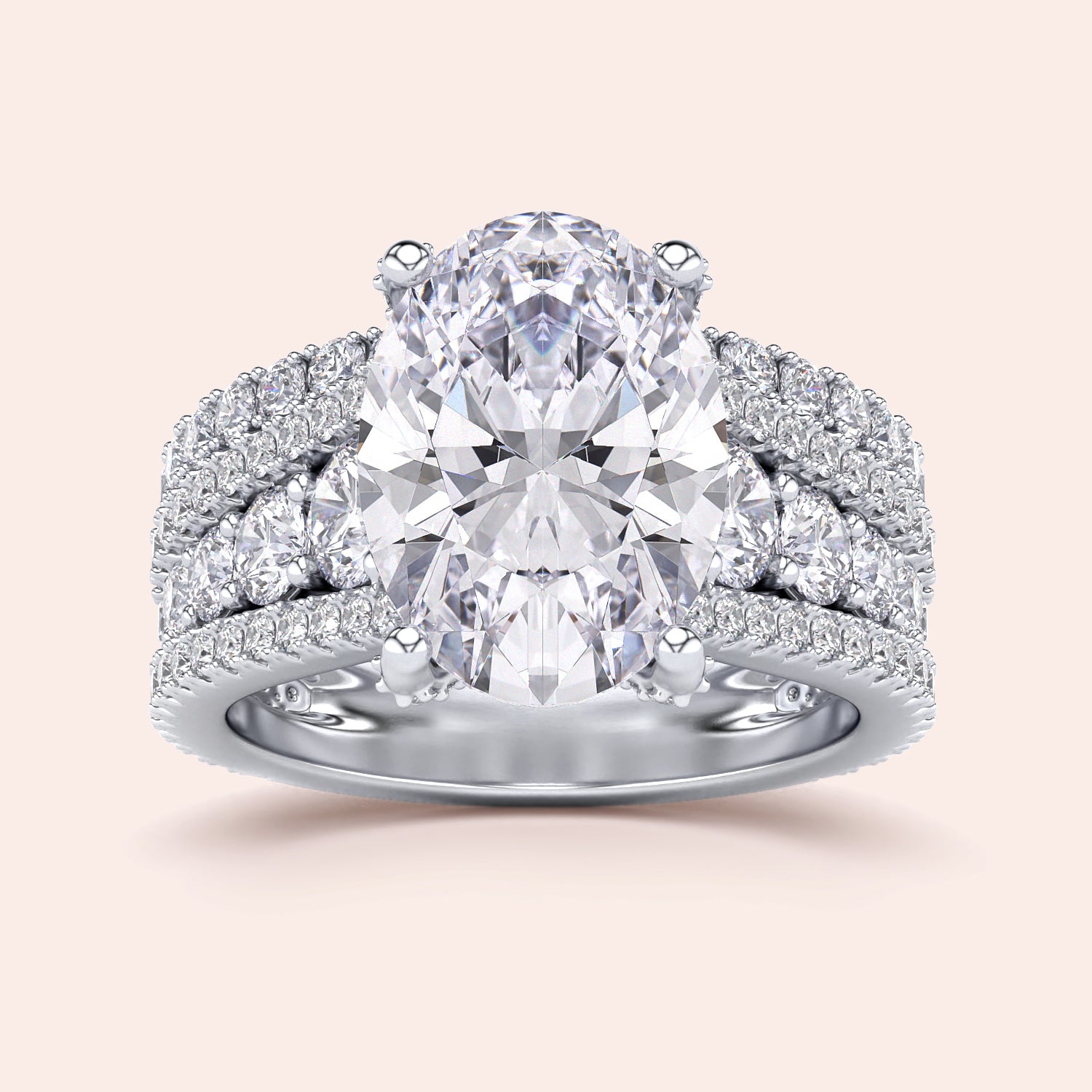 Stunning 14K/18K white gold or platinum oval diamond engagement ring with three-row band and sparkling accents.|
#14KRecycledWhiteGold
#18KRecycledWhiteGold
#Platinum