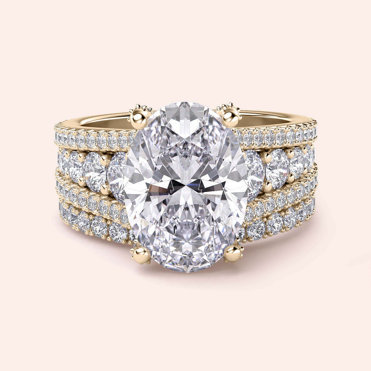 Luxurious 14K and 18K gold or platinum oval-cut diamond ring with pave set band, perfect for elegant and sophisticated occasions.|
#14KRecycledYellowGold
#18KRecycledYellowGold