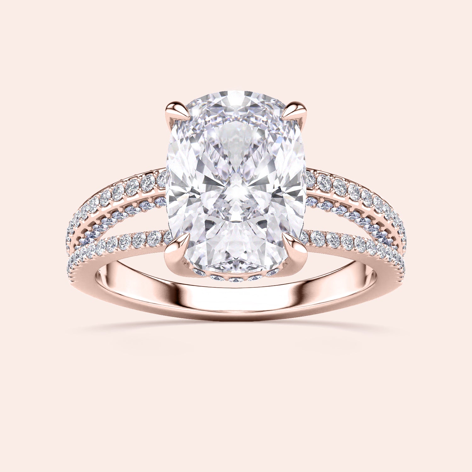 Rose gold split shank engagement ring with cushion cut diamond andPave accents, available in 14K, 18K gold, or platinum.|
#14KRecycledRoseGold
#18KRecycledRoseGold