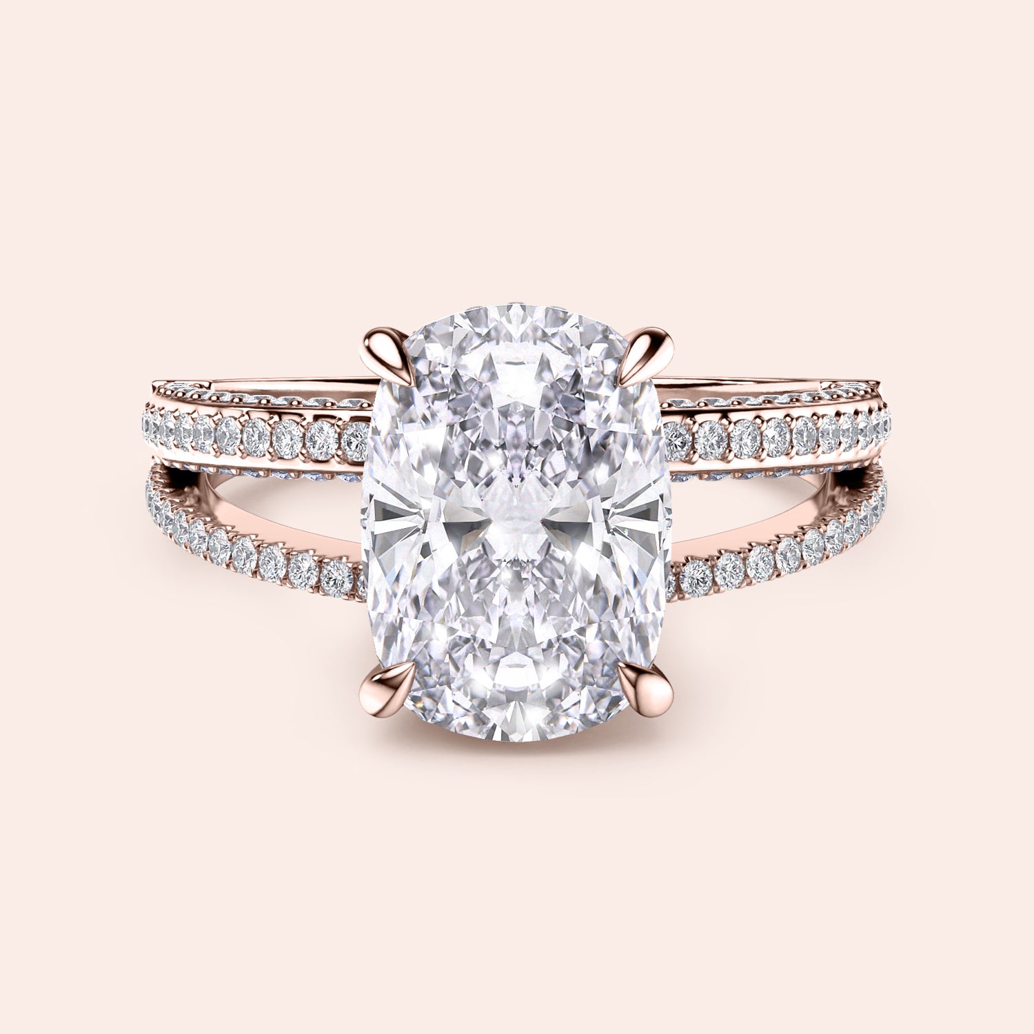 Elegant 14K and 18K rose gold engagement ring featuring a cushion-cut diamond in a split shank design withPave accents.|
#14KRecycledRoseGold
#18KRecycledRoseGold