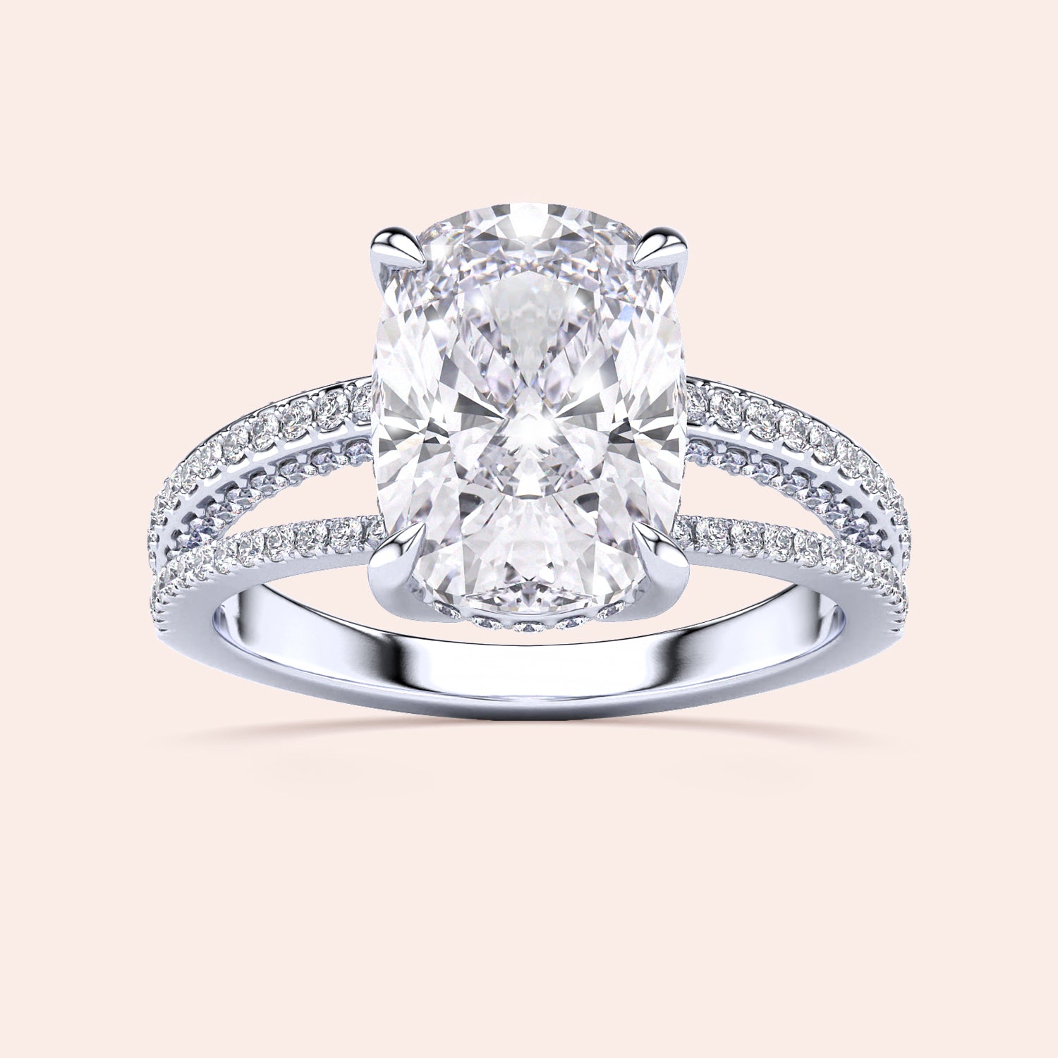 Exquisite 14K White Gold cushion-cut diamond ring with split shank design, adorned with pave-set diamonds.|
#14KRecycledWhiteGold
#18KRecycledWhiteGold
#Platinum